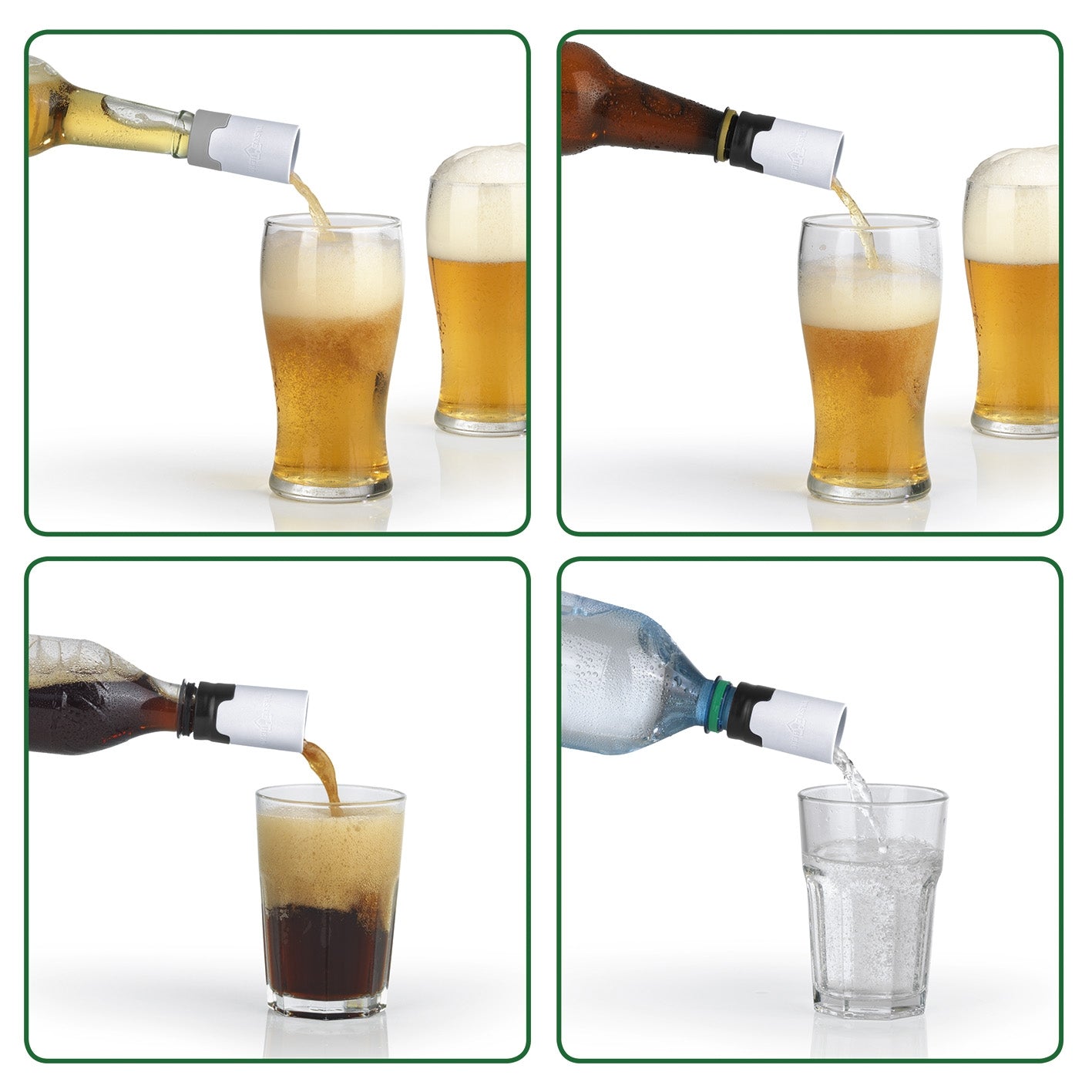 Bier-Aufbereiter in Galerieposition 2, 1417x1417, zeigt Nutzung auf verschiedenen Flaschen für milden Biergenuss beim Einschenken.