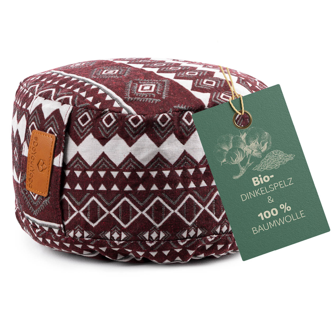 Yoga-Kissen Vishnu gefüllt mit Bio-Dinkelspelz, rund 30x30x15 cm, Style 2 (Rot-Weiß), waschbar, 100% Baumwolle.