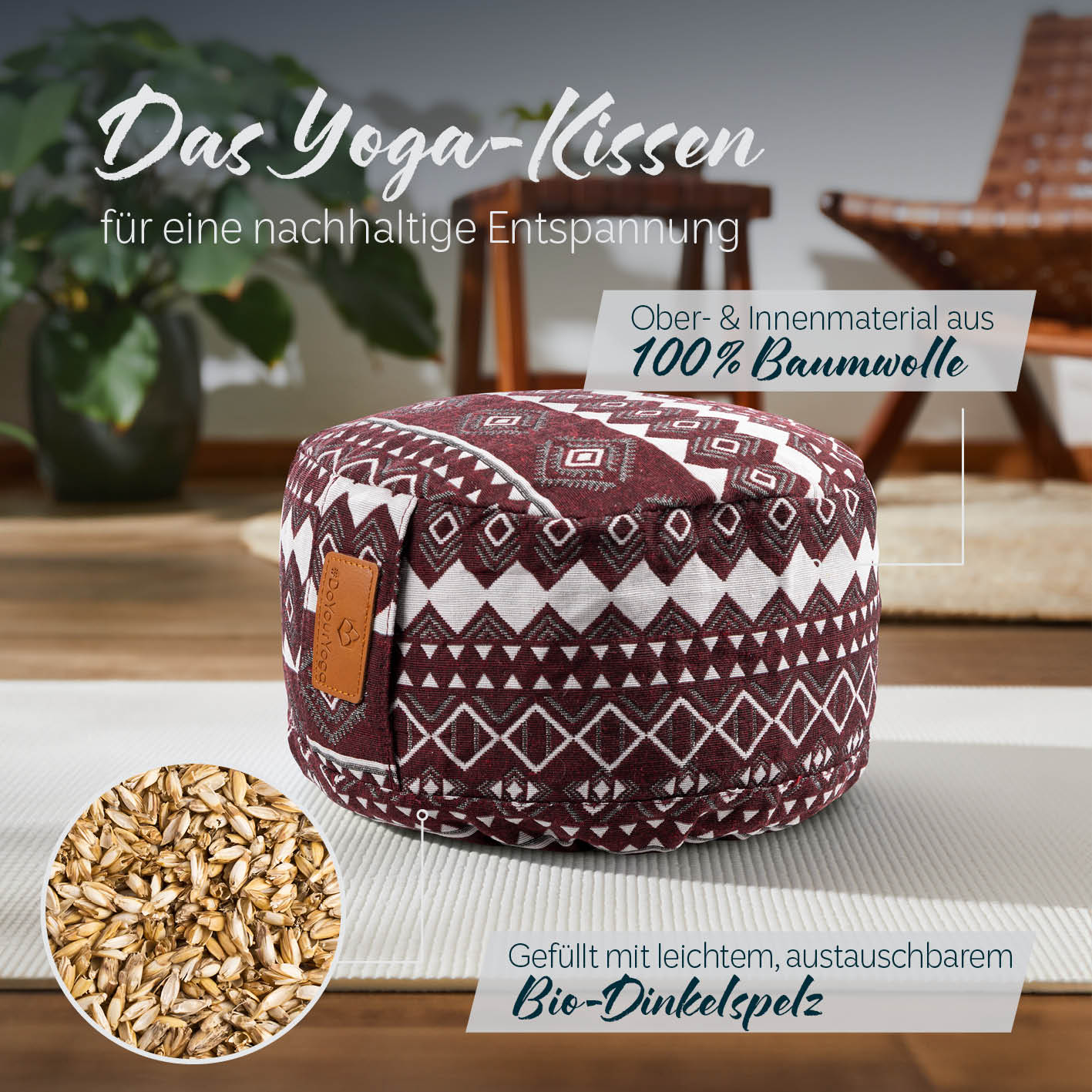 Yoga-Kissen Vishnu - gefüllt mit Bio-Dinkelspelz, rund 30x30x15 cm, rot-weiß, Bezug 100% Baumwolle, wechselbare Füllung.