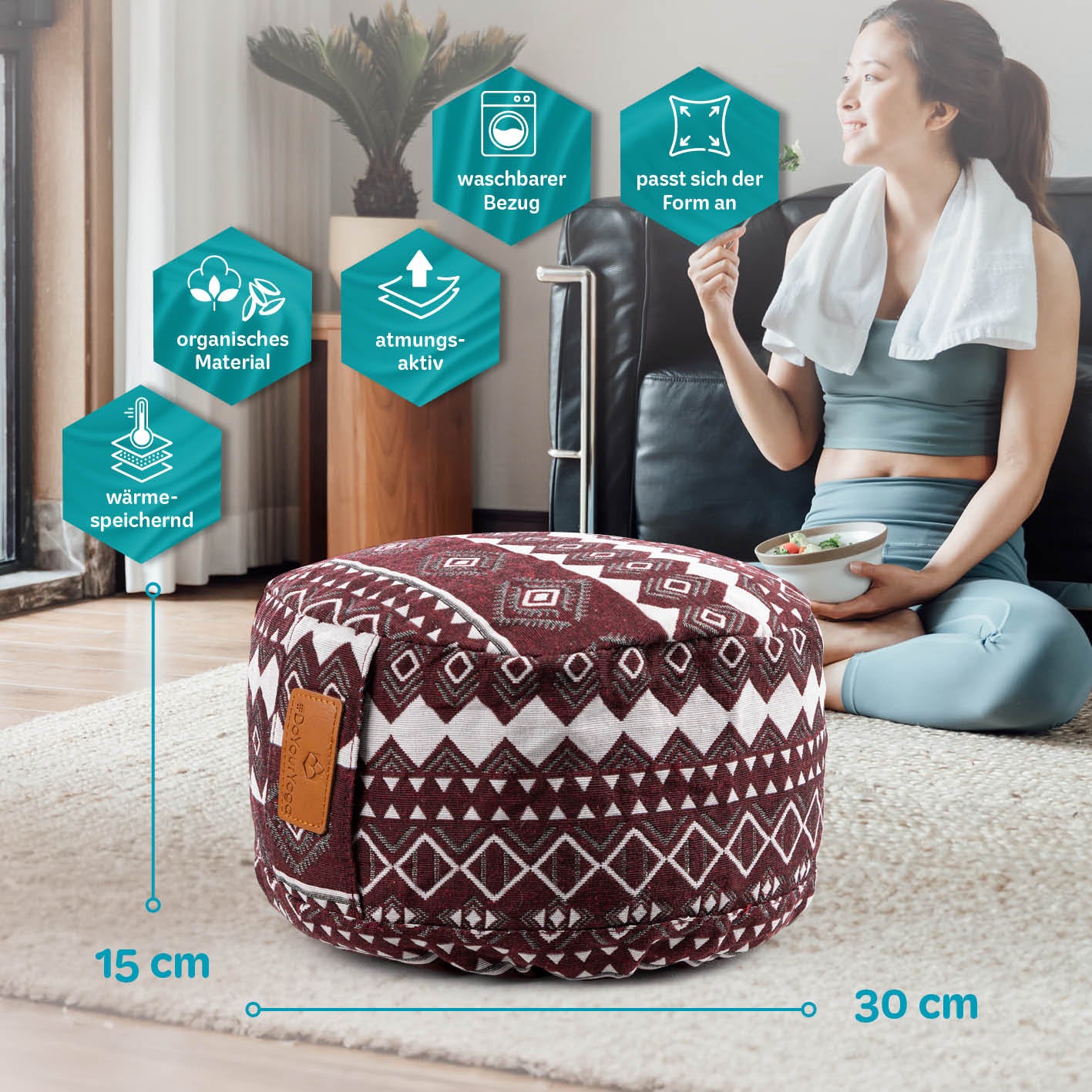 Yoga-Kissen Vishnu - gefüllt mit Bio-Dinkelspelz, rund 30x30x15 cm, rot-weiß, waschbarer Bezug, organisches Material, anpassbar.