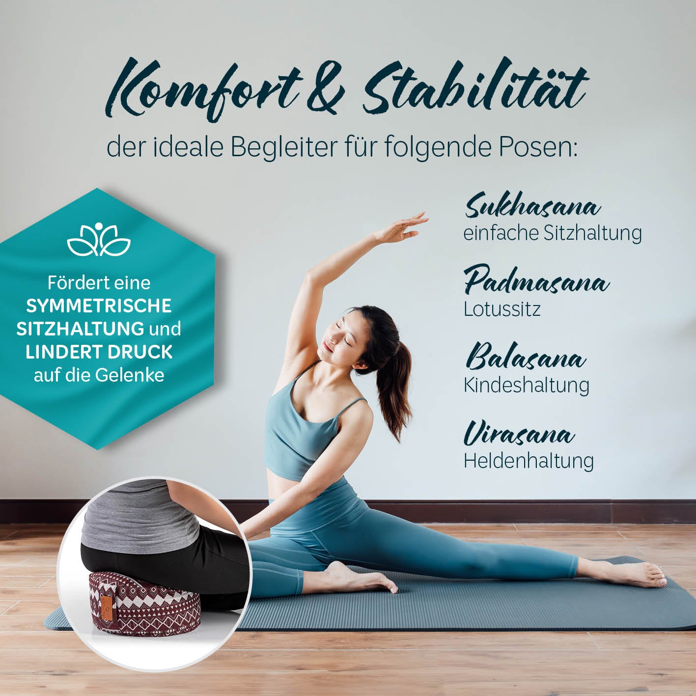 Yoga-Kissen Vishnu - gefüllt mit Bio-Dinkelspelz, rund 30x30x15 cm, unterstützt Sitzhaltungen wie Sukhasana und Padmasana.