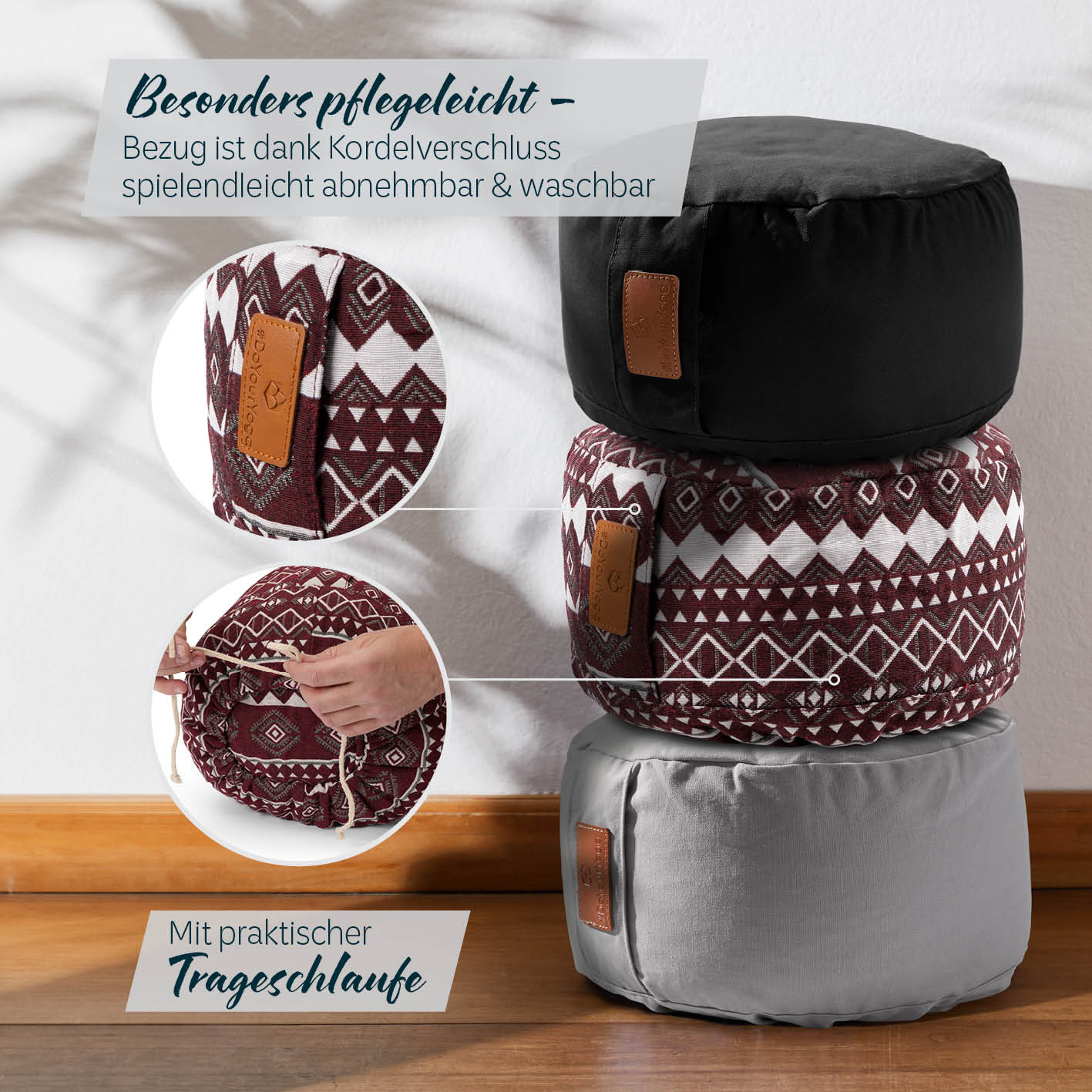 Yoga-Kissen Vishnu - gefüllt mit Bio-Dinkelspelz, rund 30x30x15 cm, rot-weißes Design, pflegeleichter Bezug mit Kordelverschluss und Trageschlaufe.