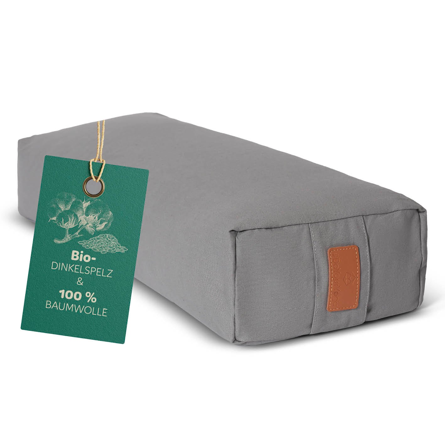 Yoga-Bolster Paravati gefüllt mit Bio-Dinkelspelz, 67 x 22 x 13 cm, Zementgrau, abnehmbarer Bezug aus Bio-Baumwolle.
