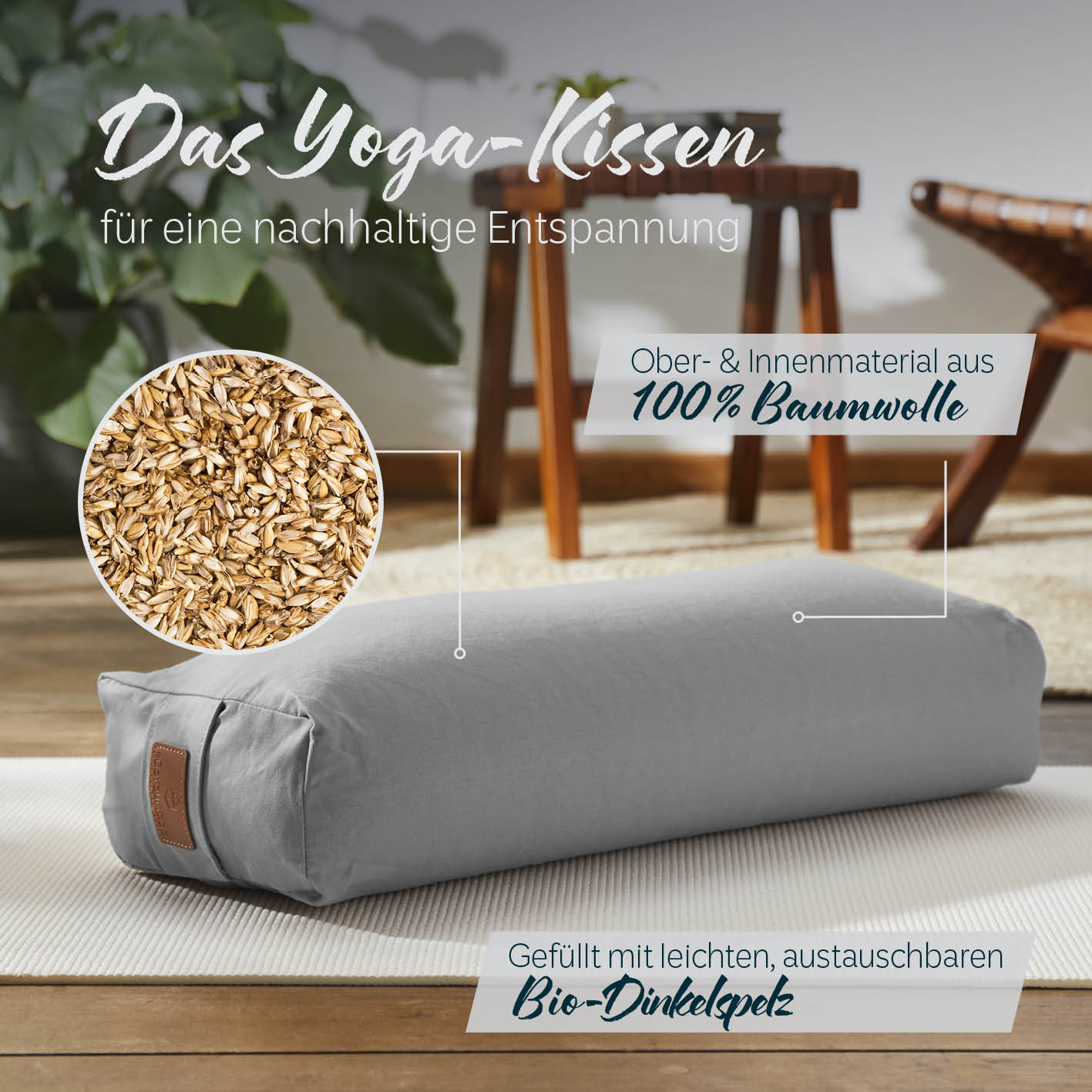 Yoga-Bolster Paravati 67x22x13 cm Zementgrau, gefüllt mit Bio-Dinkelspelz, Bezug aus 100% Baumwolle, nachhaltig und pflegeleicht.