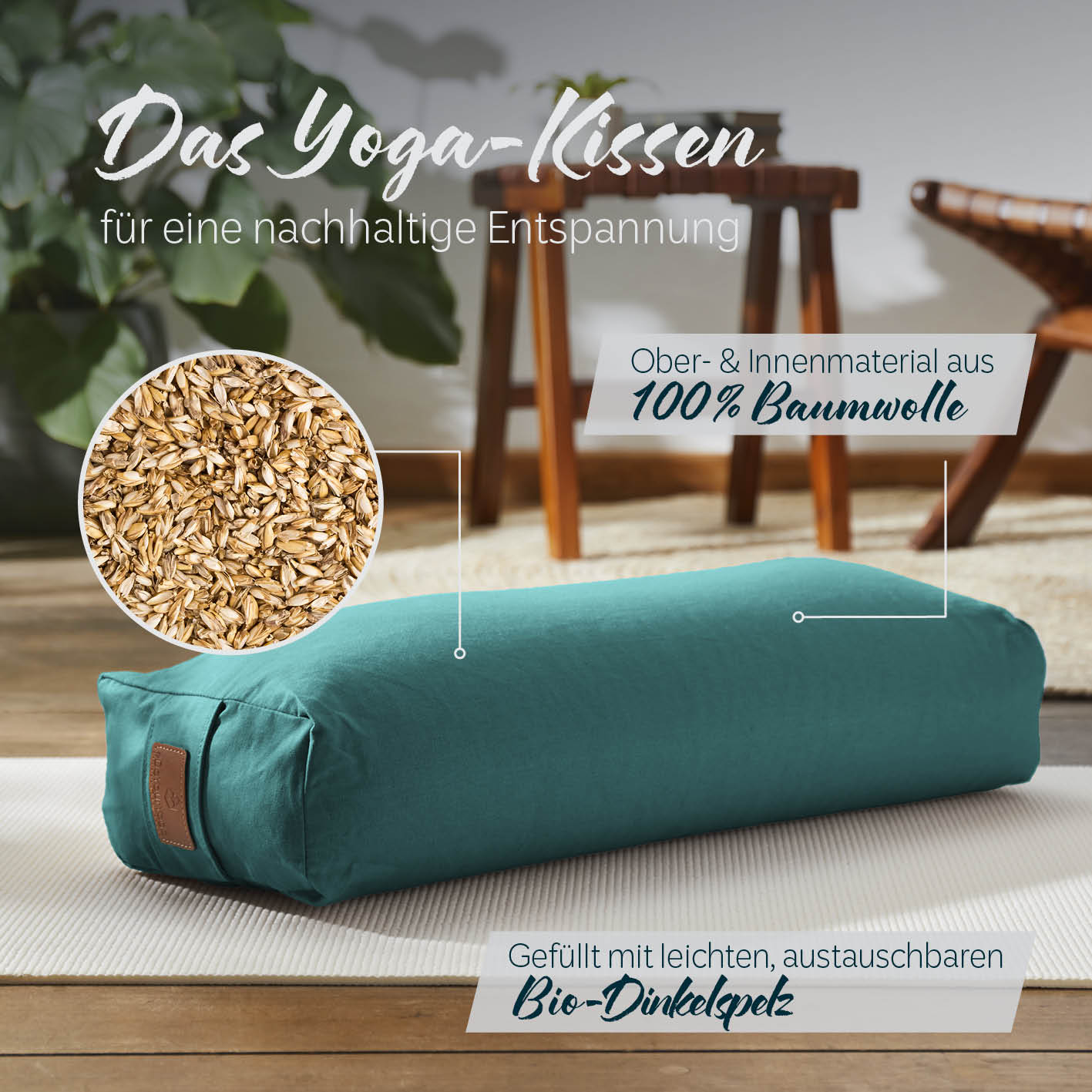 Yoga-Bolster Paravati gefüllt mit Bio-Dinkelspelz, 67 x 22 x 13 cm, dunkelgrün, vielseitig und nachhaltig für Yogaübungen.