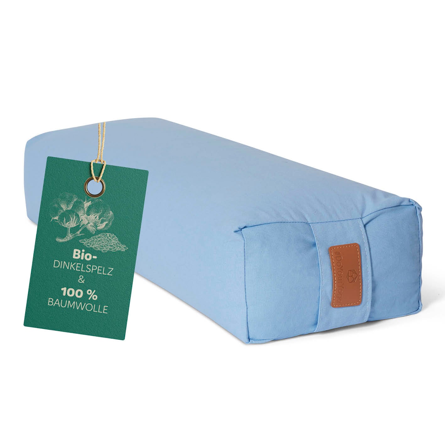 Yoga-Bolster Paravati hellblau, 67x22x13 cm, mit Bio-Dinkelspelz gefüllt, abnehmbarer Bezug aus 100 % Baumwolle, für Yoga und Yin Yoga geeignet.