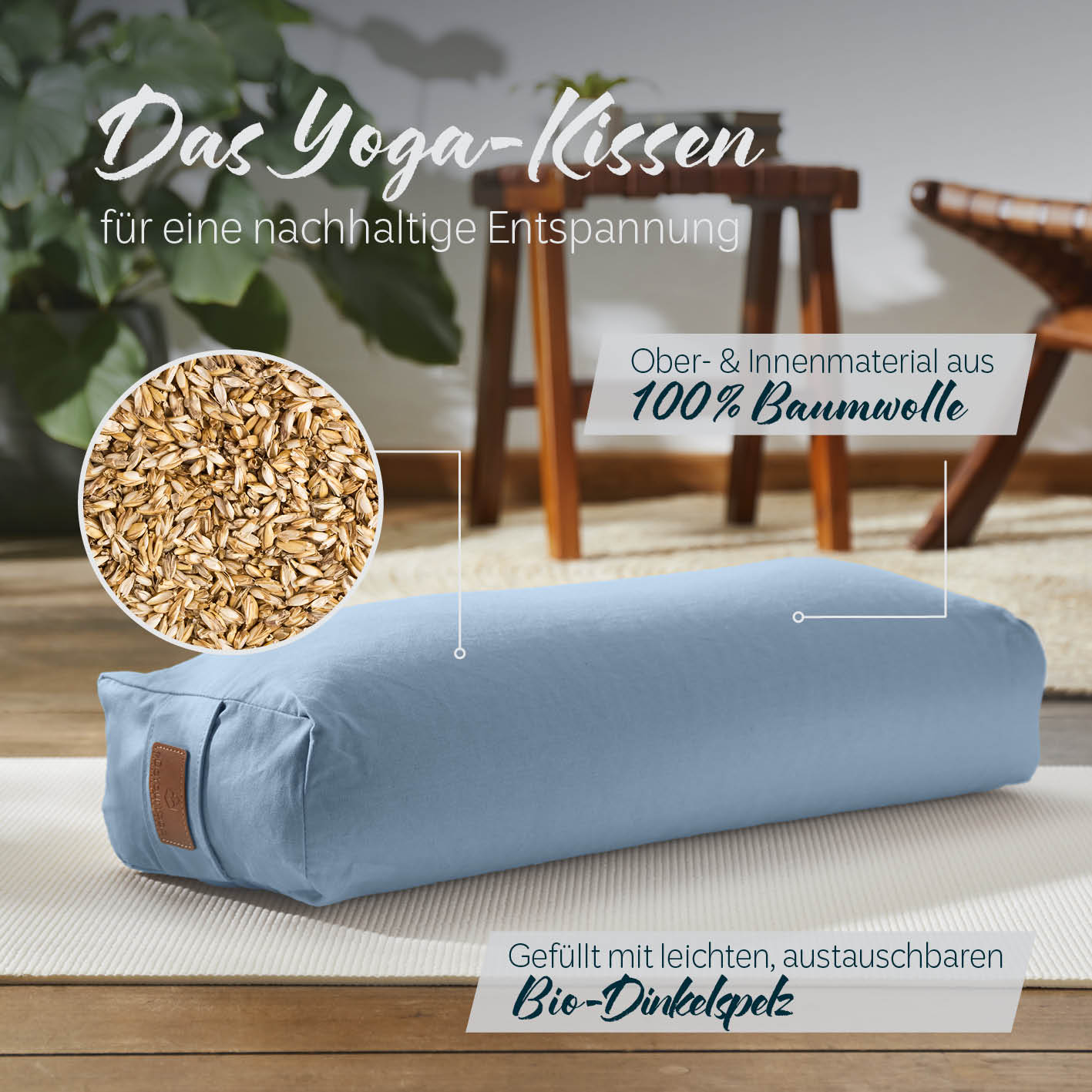 Yoga-Bolster Paravati gefüllt mit Bio-Dinkelspelz, hellblau, 67x22x13 cm, 100% Baumwolle, nachhaltig und waschbar.