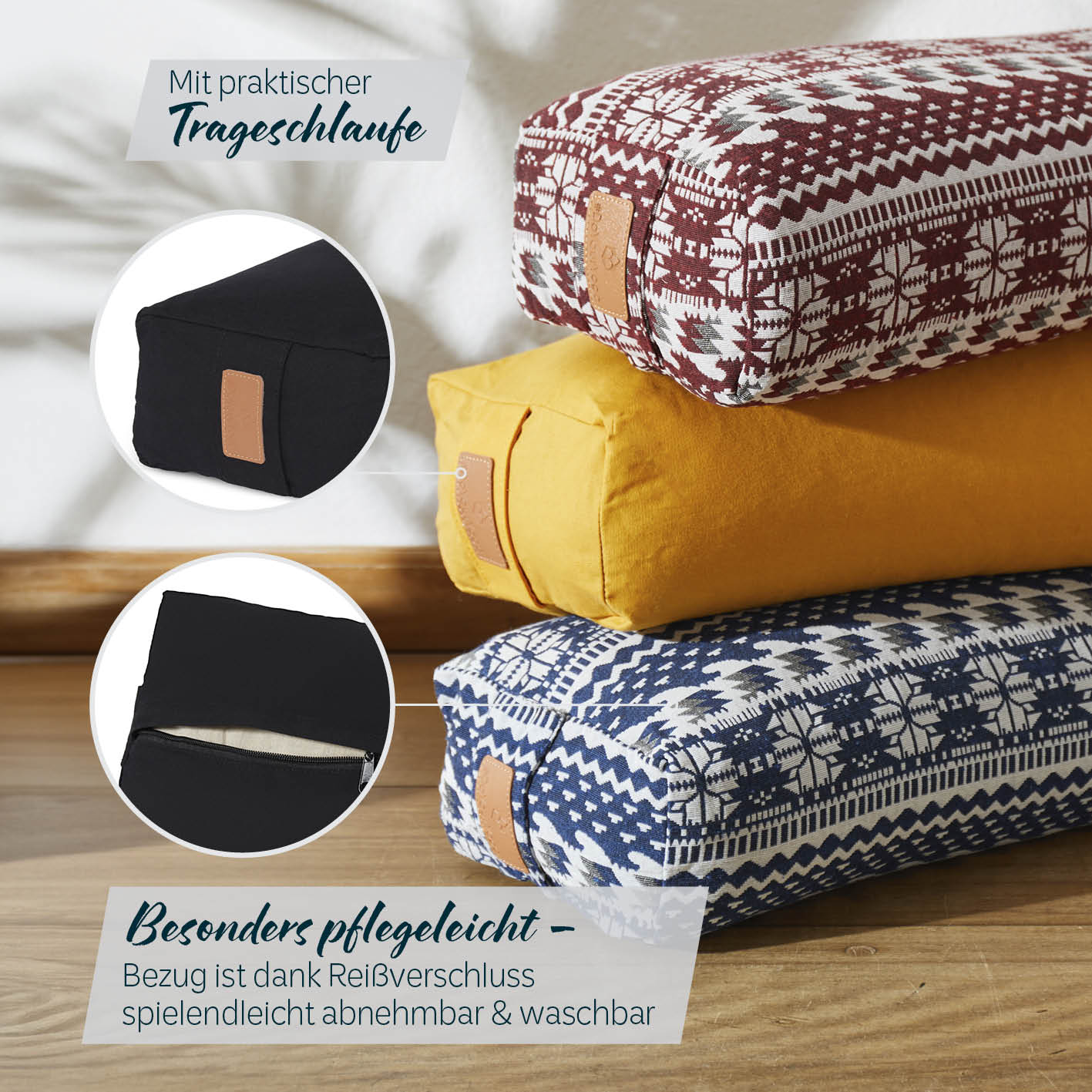 Yoga-Bolster Paravati - gefüllt mit Bio-Dinkelspelz, schwarz, pflegeleichter Bezug mit Reißverschluss, 67 x 22 x 13 cm, Yoga-Kissen.