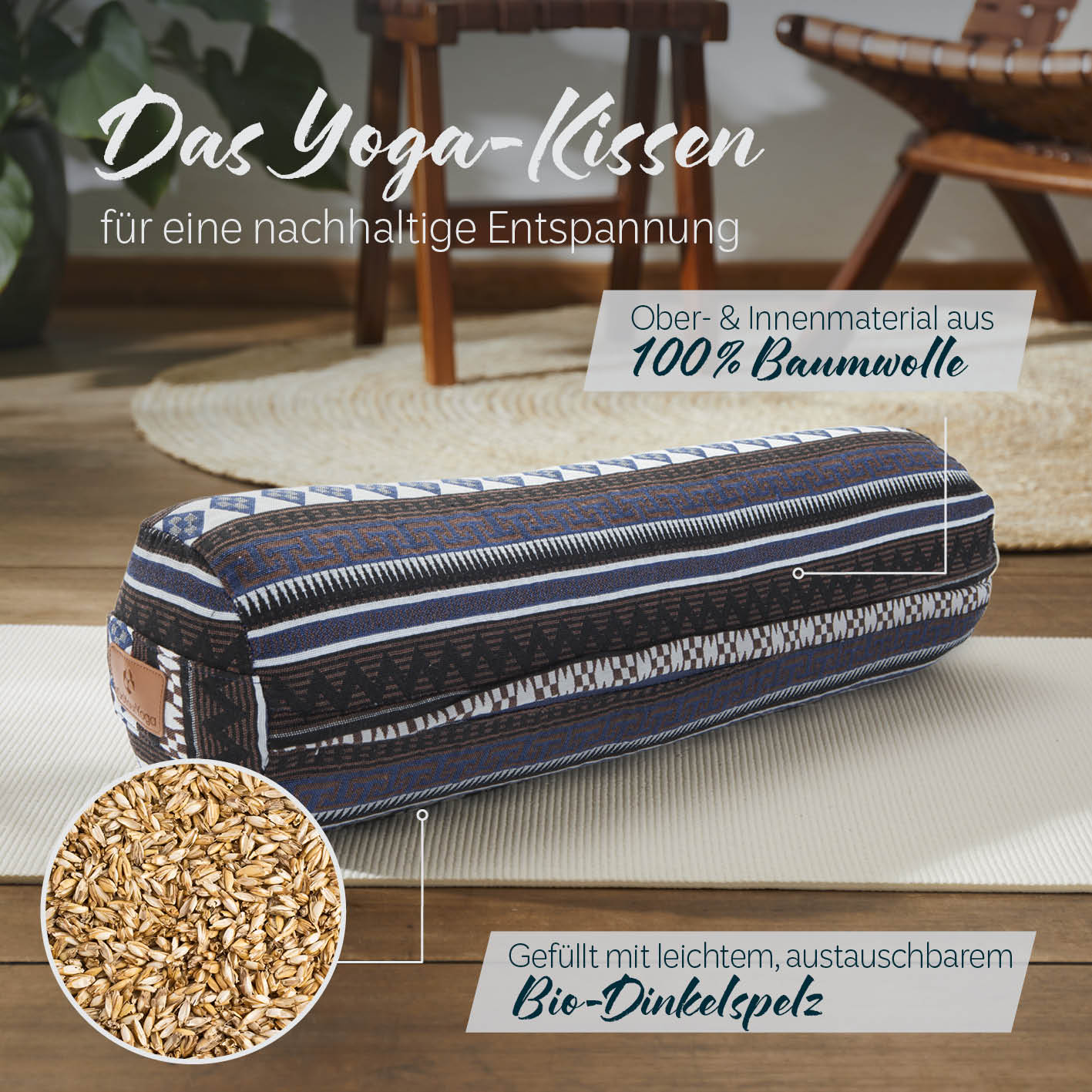 Yoga-Bolster Tarik - gefüllt mit Bio-Dinkelspelz, 68x22x22 cm, nachhaltiges Meditationskissen mit Baumwollbezug, Style 11.
