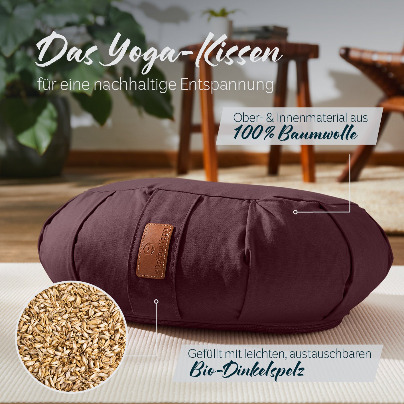 Yoga-Kissen Ganesh - gefüllt mit Bio-Dinkelspelz - Halbmond 45 x 30 x 14 cm - Braun