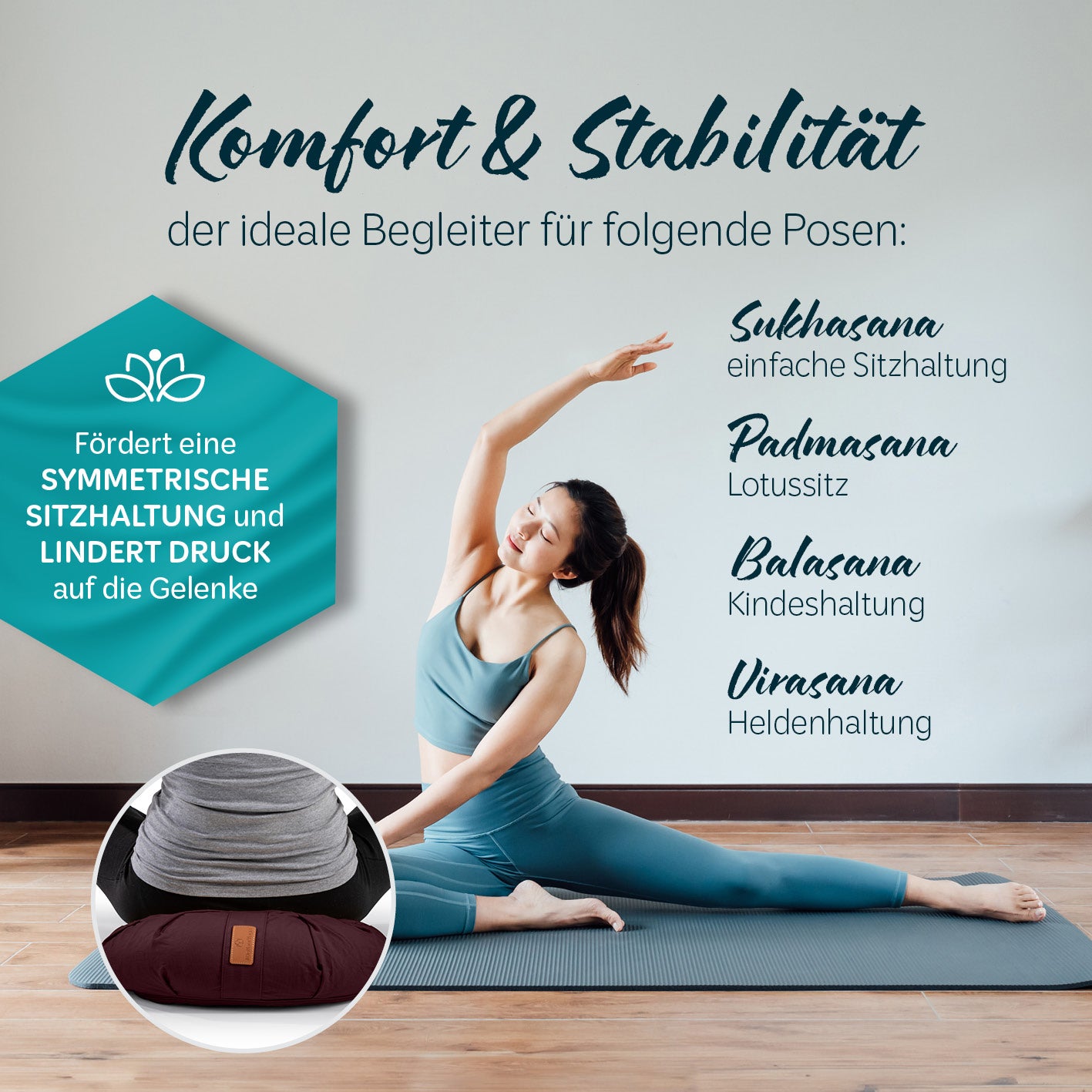 Yoga-Kissen Ganesh - gefüllt mit Bio-Dinkelspelz - Halbmond 45 x 30 x 14 cm - Braun