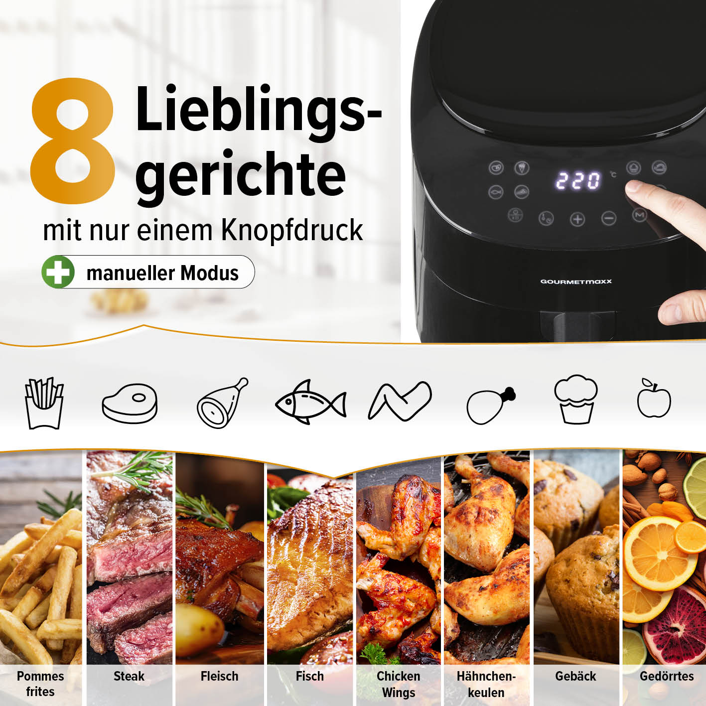Heißluftfritteuse - 4,5 l von GOURMETmaxx mit 8 Programmen für Pommes, Fleisch, Fisch, Chicken Wings und mehr, Touchdisplay, 220 °C.