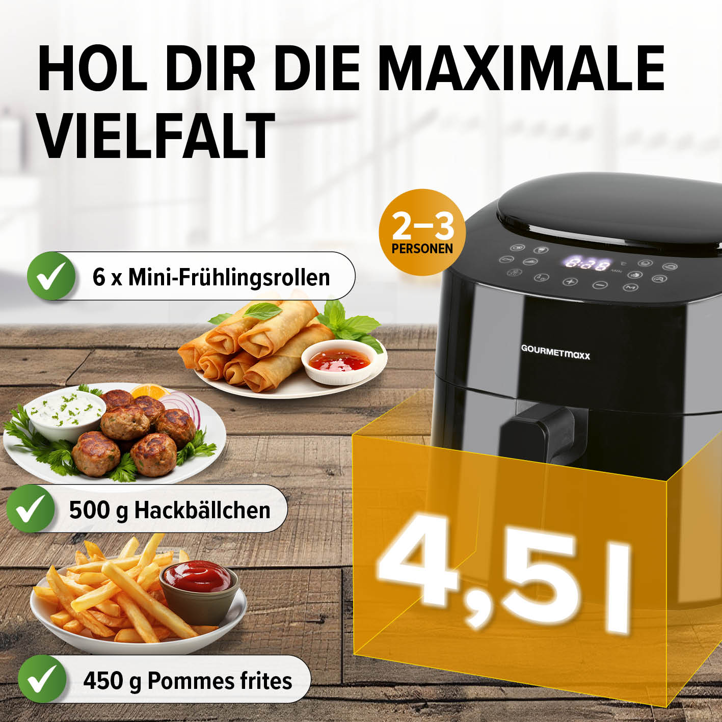 Heißluftfritteuse - 4,5 l von GOURMETmaxx mit diversen Gerichten für 2–3 Personen, energiesparend und fettarm.