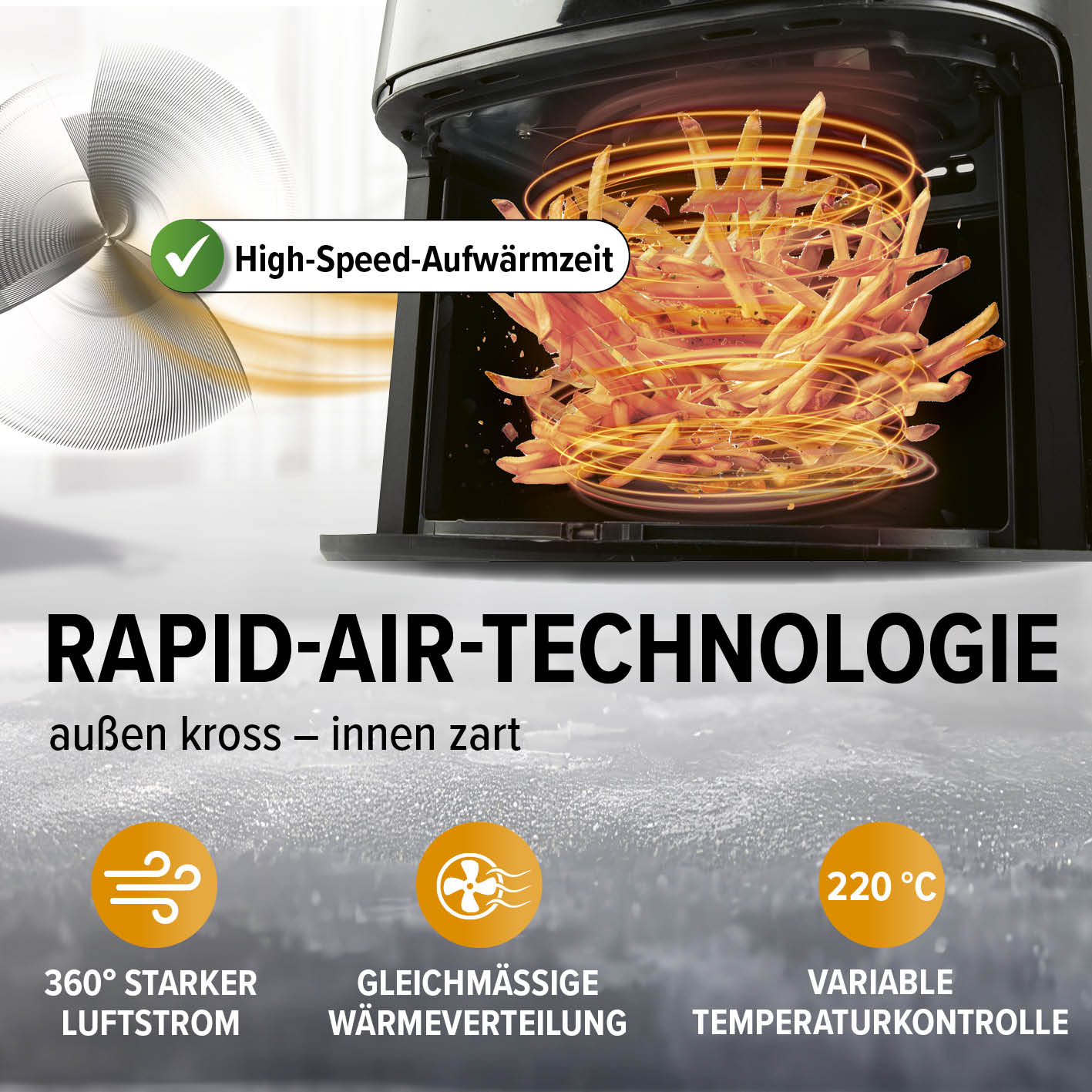 Heißluftfritteuse - 4,5 l mit Rapid-Air-Technologie für knusprige Pommes und gleichmäßige Wärmeverteilung bei 220 °C.