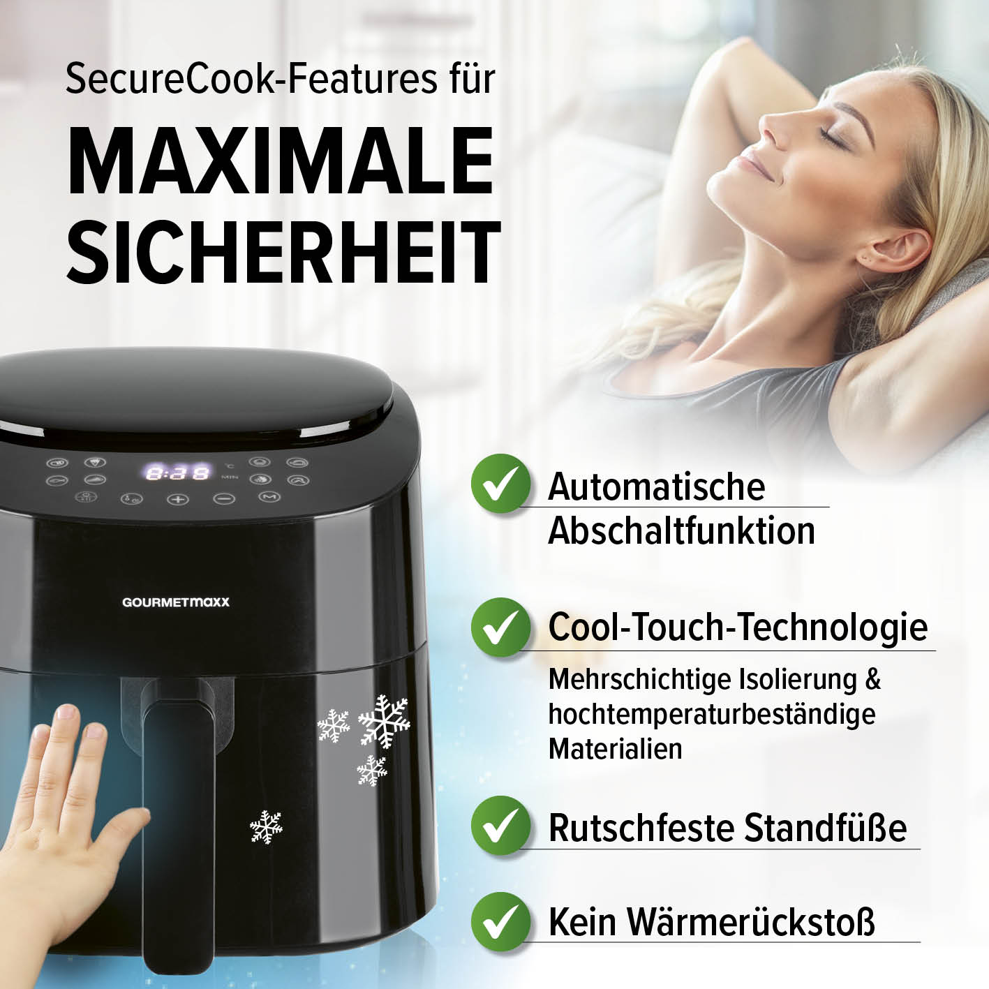 Heißluftfritteuse - 4,5 l von GOURMETmaxx mit automatischer Abschaltfunktion, Cool-Touch-Technologie und rutschfesten Standfüßen für maximale Sicherheit.