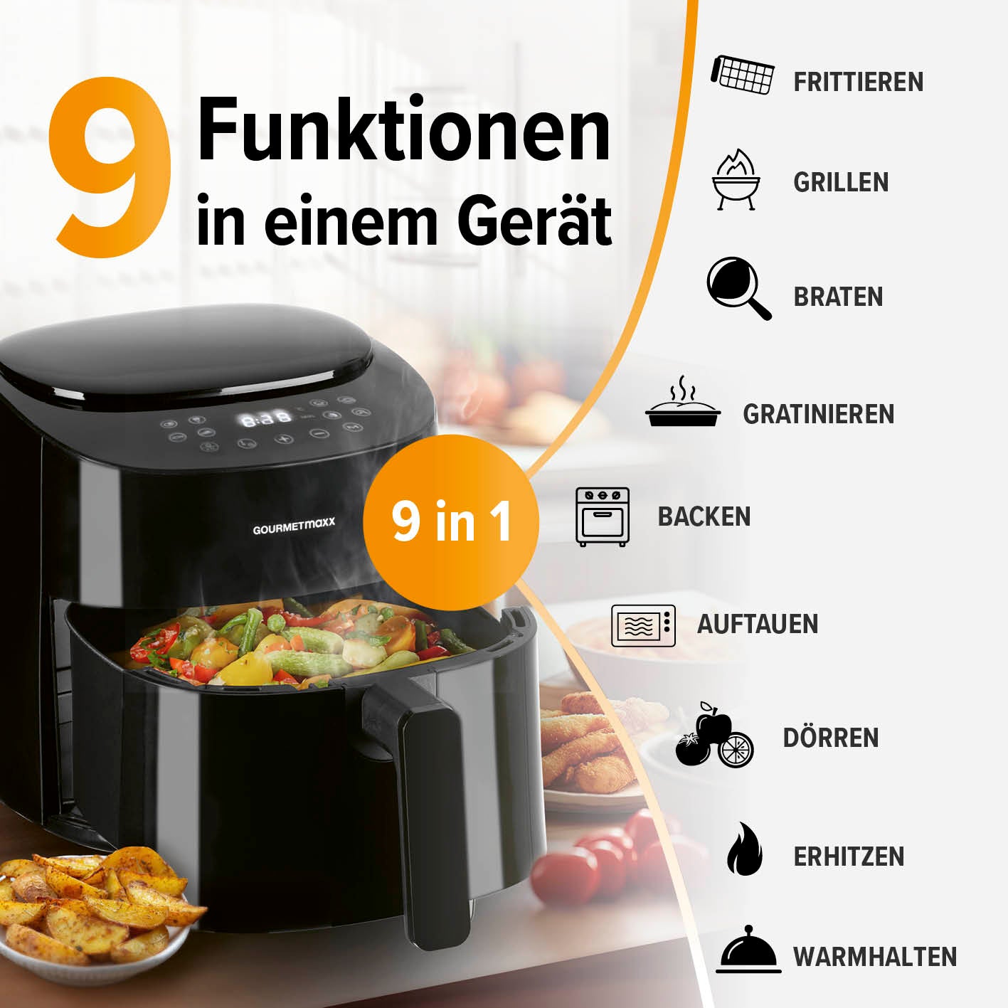 Heißluftfritteuse - 4,5 l von GOURMETmaxx mit 9 Funktionen wie Frittieren, Grillen, Backen und mehr in einem kompakten Gerät.