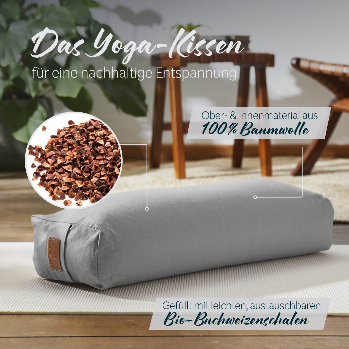 Yoga-Bolster Paravati in Zementgrau, gefüllt mit austauschbaren Bio-Buchweizenschalen, Bezug aus 100% Baumwolle, 67 x 22 x 13 cm