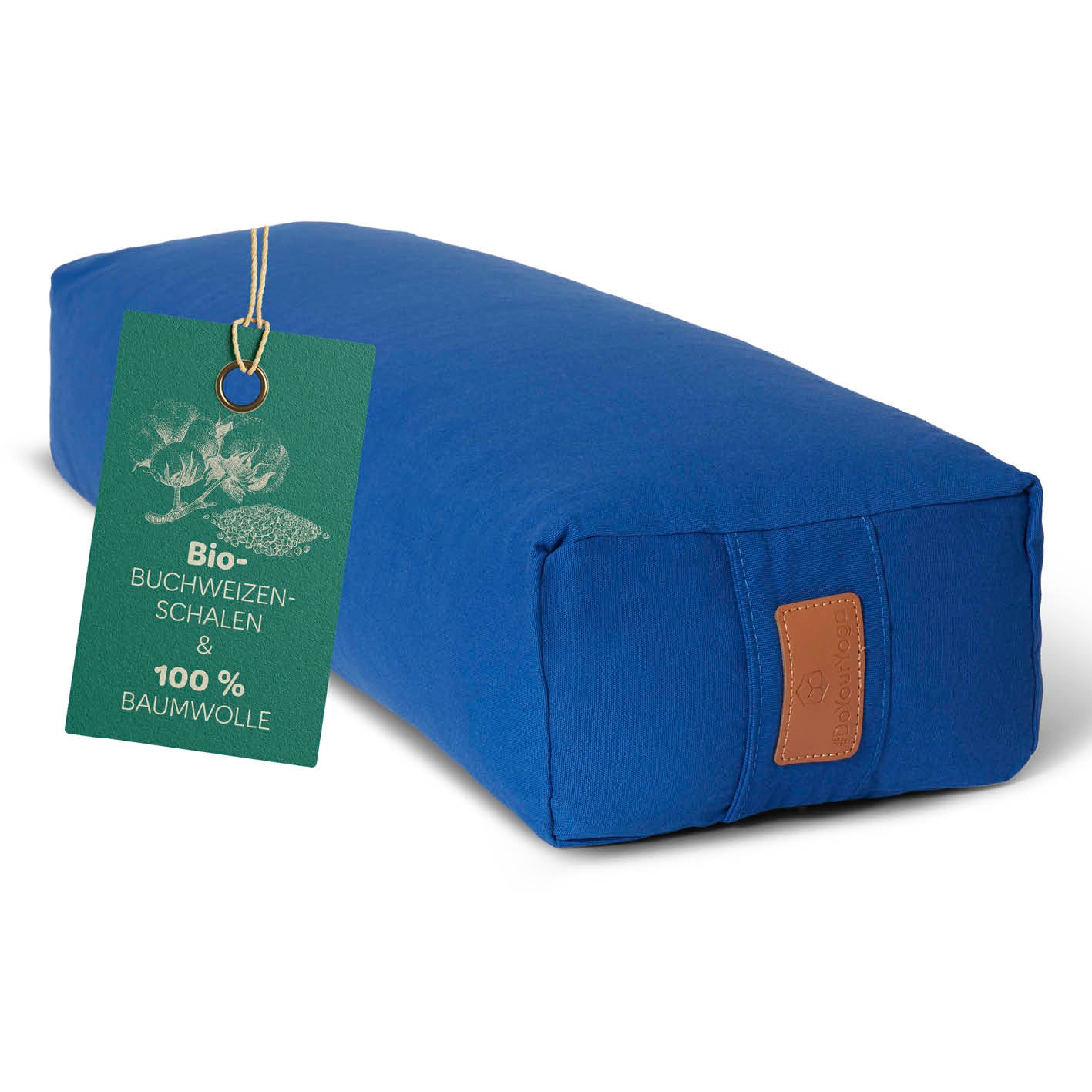 Yoga-Bolster Paravati in Navyblau, gefüllt mit Bio-Buchweizenschalen und 100 % Baumwolle, Maße 67 x 22 x 13 cm.