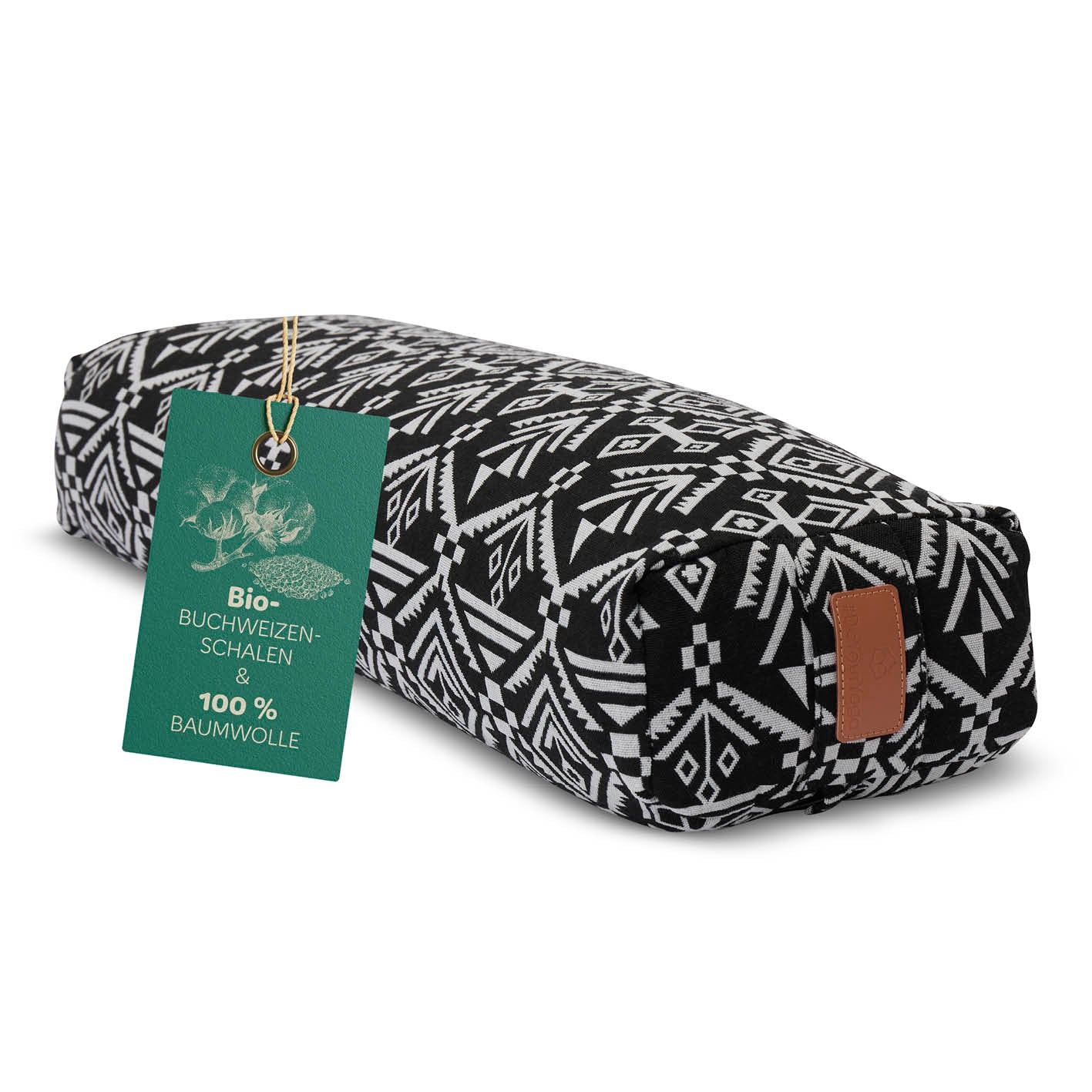 Yoga-Bolster Paravati mit Bio-Buchweizenschalenfüllung, 67x22x13 cm, Schwarz-Weiß, abnehmbarer Bezug aus Baumwolle.
