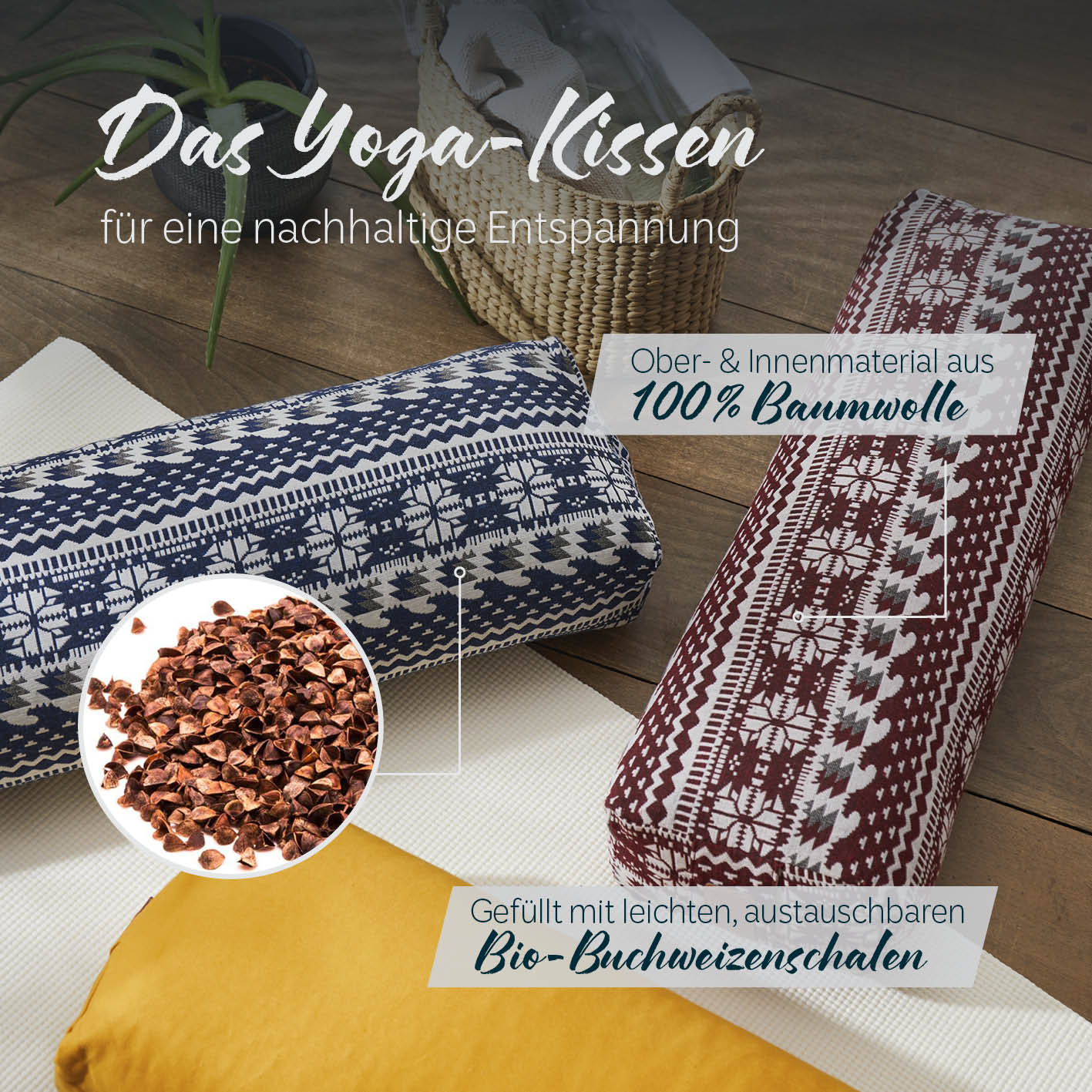 Yoga-Bolster Paravati Style 7 Schwarz-Weiß mit Bio-Buchweizenschalen gefüllt, 100% Baumwolle Bezug, flexibel befüllbar und nachhaltig.