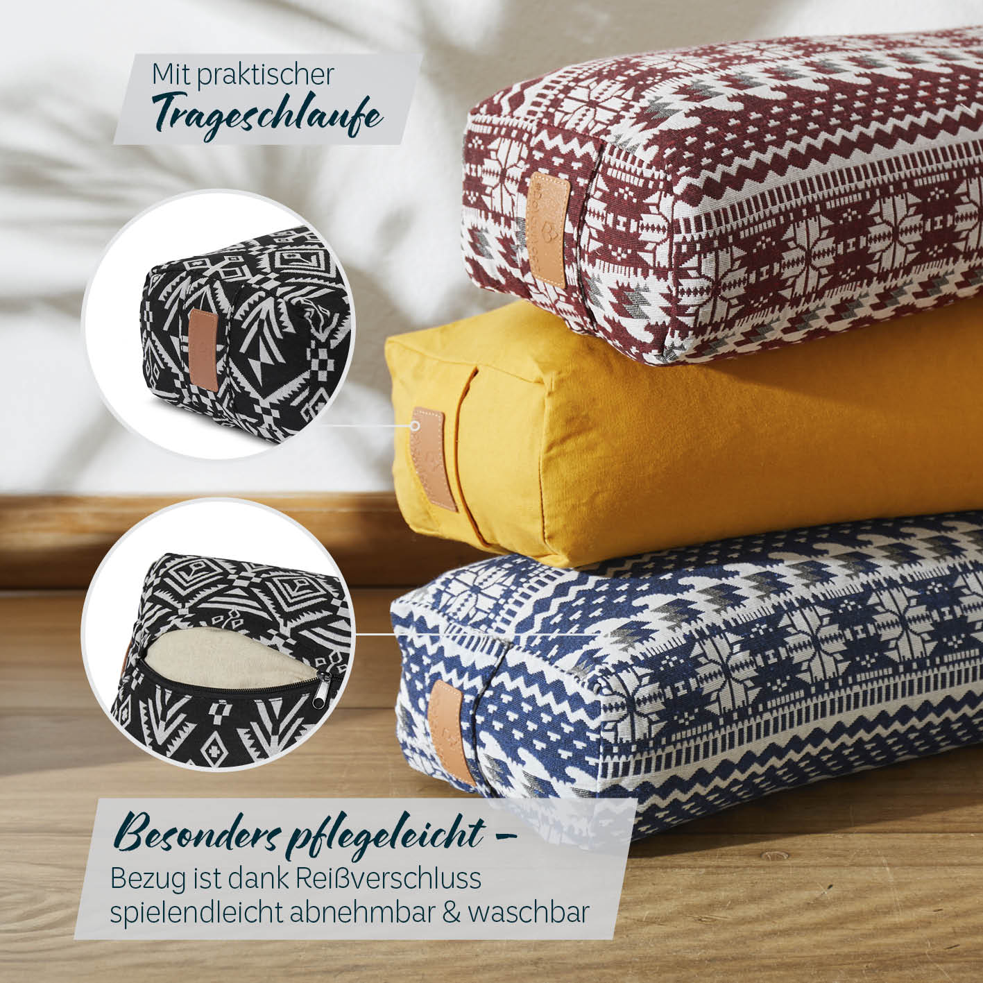 Yoga-Bolster Paravati Style 7 mit Bio-Buchweizenschalen gefüllt, pflegeleichter abnehmbarer Bezug und Trageschlaufe in Schwarz-Weiß.