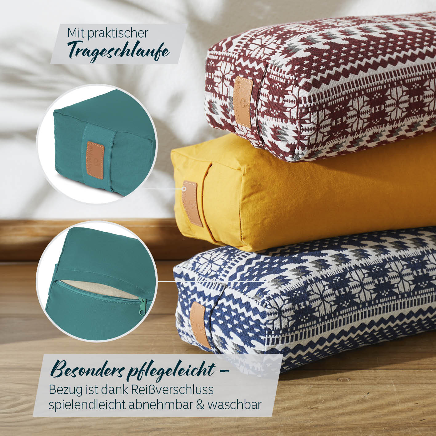 Yoga-Bolster Paravati - gefüllt mit Bio-Buchweizenschalen, 67 x 22 x 13 cm, Dunkelgrün, pflegeleichter Bezug mit Reißverschluss.