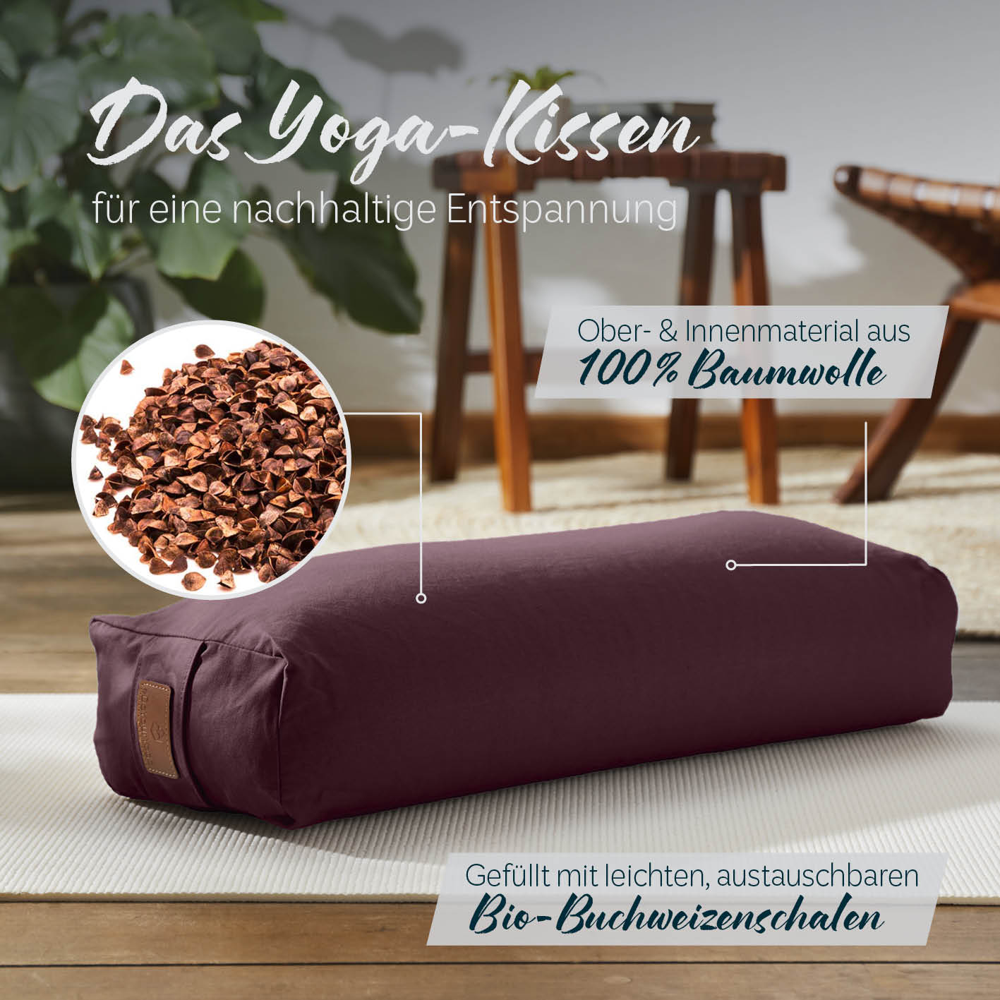 Yoga-Bolster Paravati in Bordeaux, gefüllt mit austauschbaren Bio-Buchweizenschalen, Bezug aus 100% Baumwolle, 67 x 22 x 13 cm.