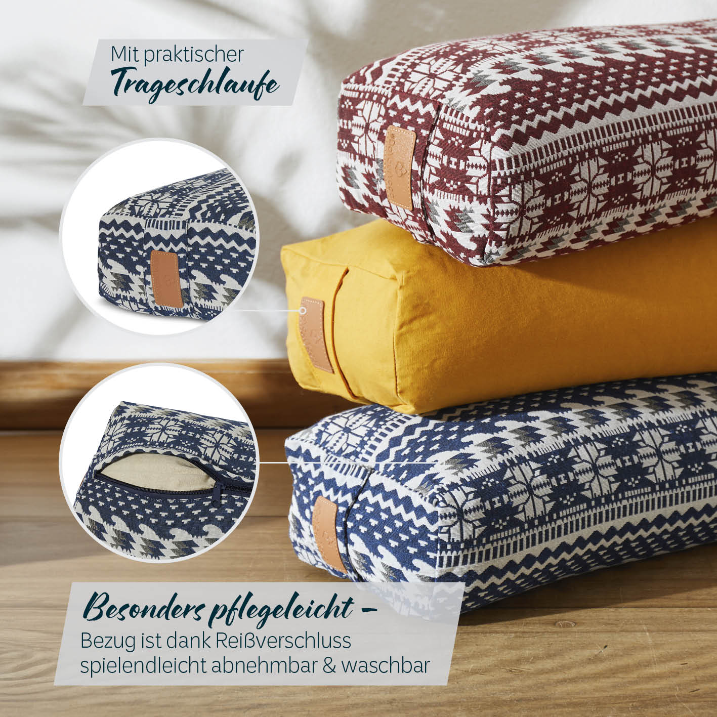 Yoga-Bolster Paravati gefüllt mit Bio-Buchweizenschalen, mit praktischem Tragegriff und abnehmbarem, waschbarem Bezug in Blau-Weiß, Senfgelb und Rot.