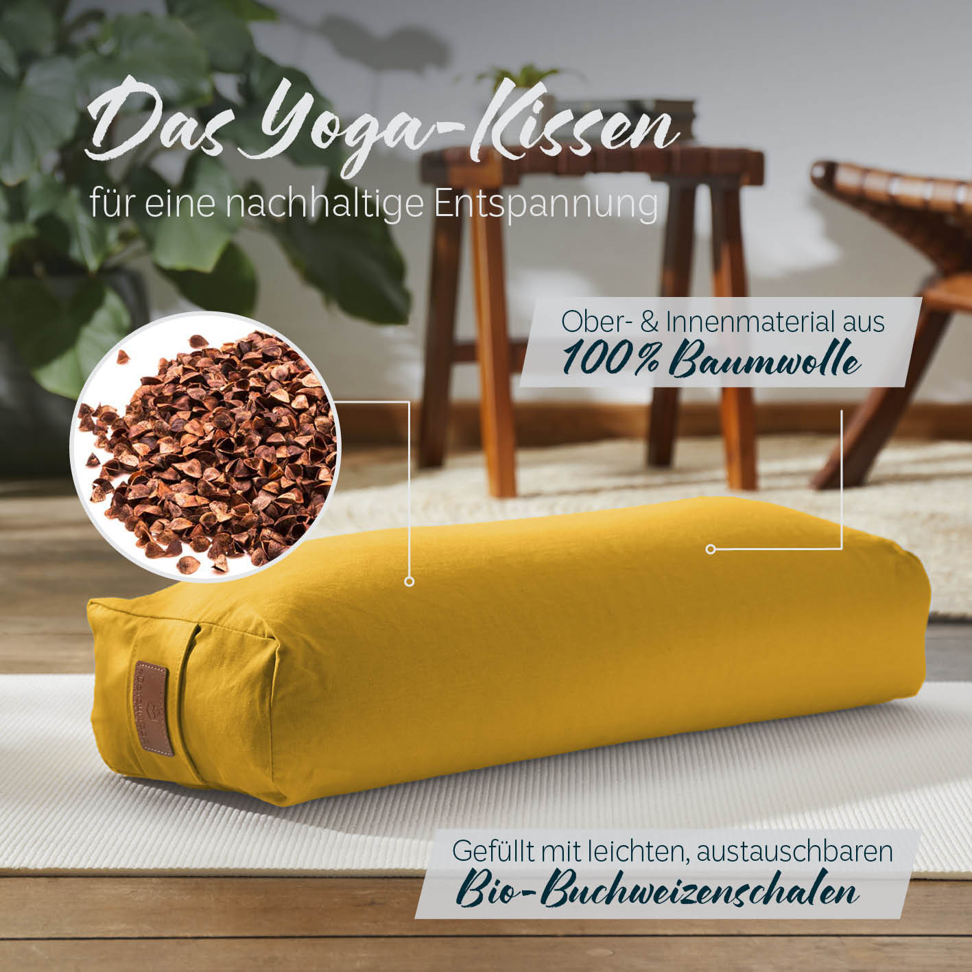 Yoga-Bolster Paravati in Indischgelb, gefüllt mit Bio-Buchweizenschalen, Bezug aus 100% Baumwolle, 67 x 22 x 13 cm.