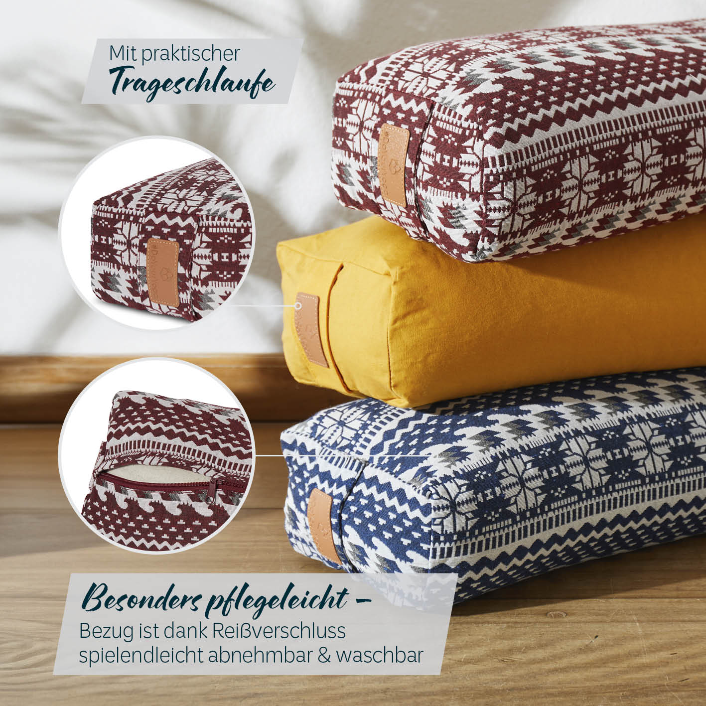 Yoga-Bolster Paravati mit Bio-Buchweizenschalen, pflegeleicht durch abnehmbaren Bezug, praktische Trageschlaufe, Style 9 Rot-Weiß.