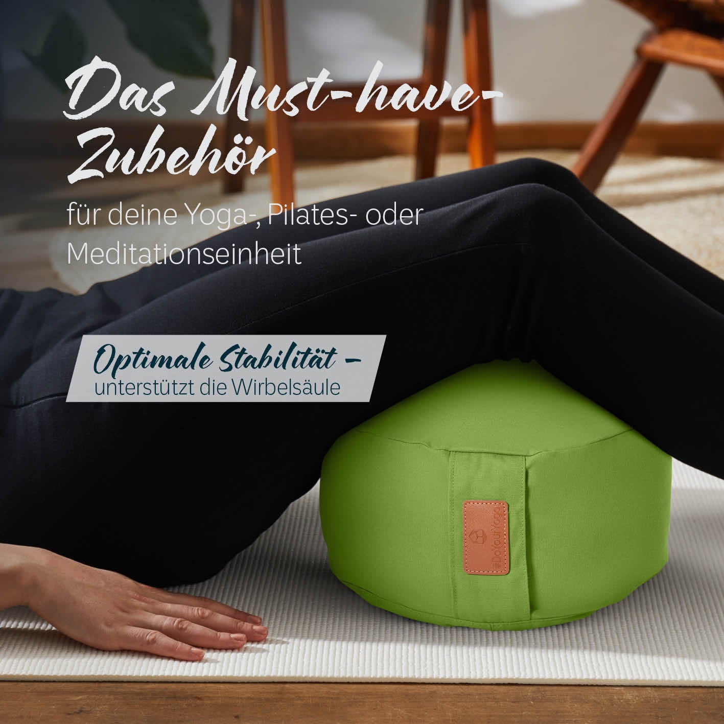 Yoga-Kissen Vishnu rund 30x30x15 cm hellgrün, gefüllt mit Bio-Buchweizenschalen, unterstützt Yoga, Pilates und Meditation.