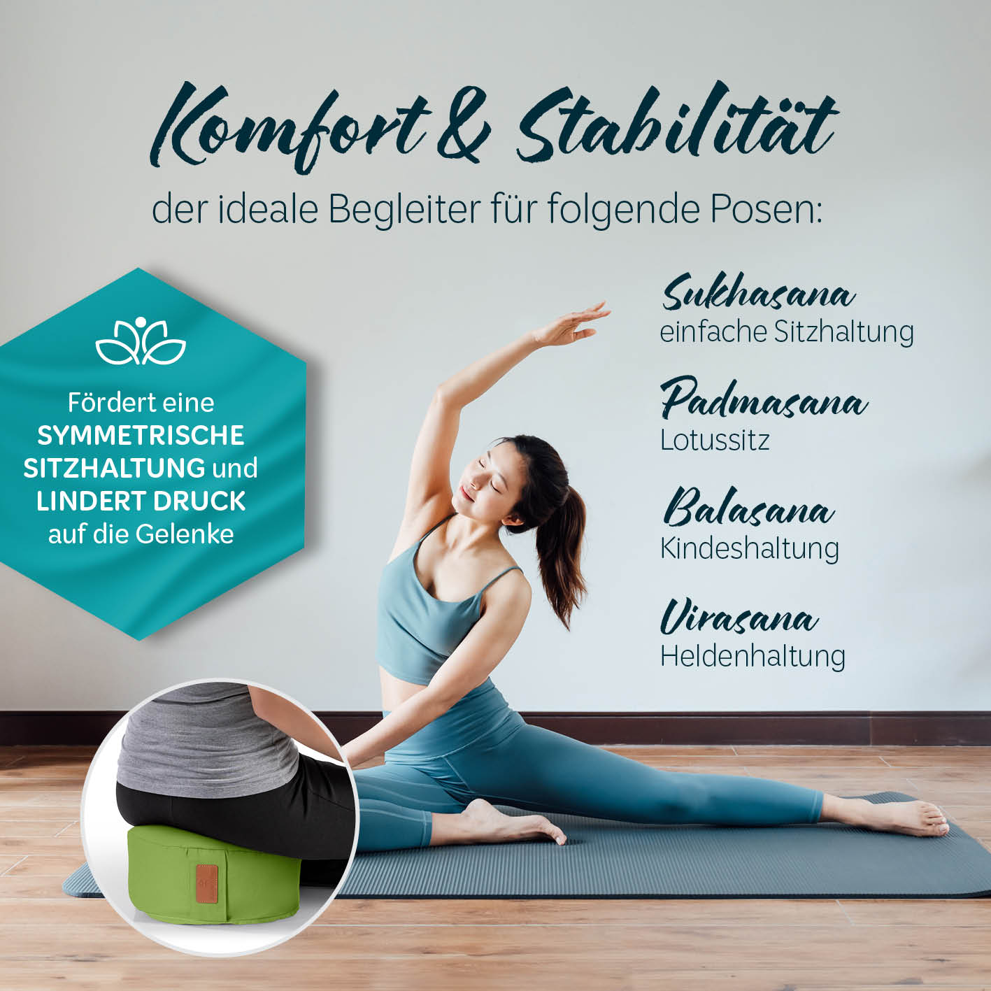 Yoga-Kissen Vishnu - gefüllt mit Bio-Buchweizenschalen, rund 30x30x15 cm, hellgrün, unterstützt stabile und symmetrische Yoga-Sitzhaltungen.