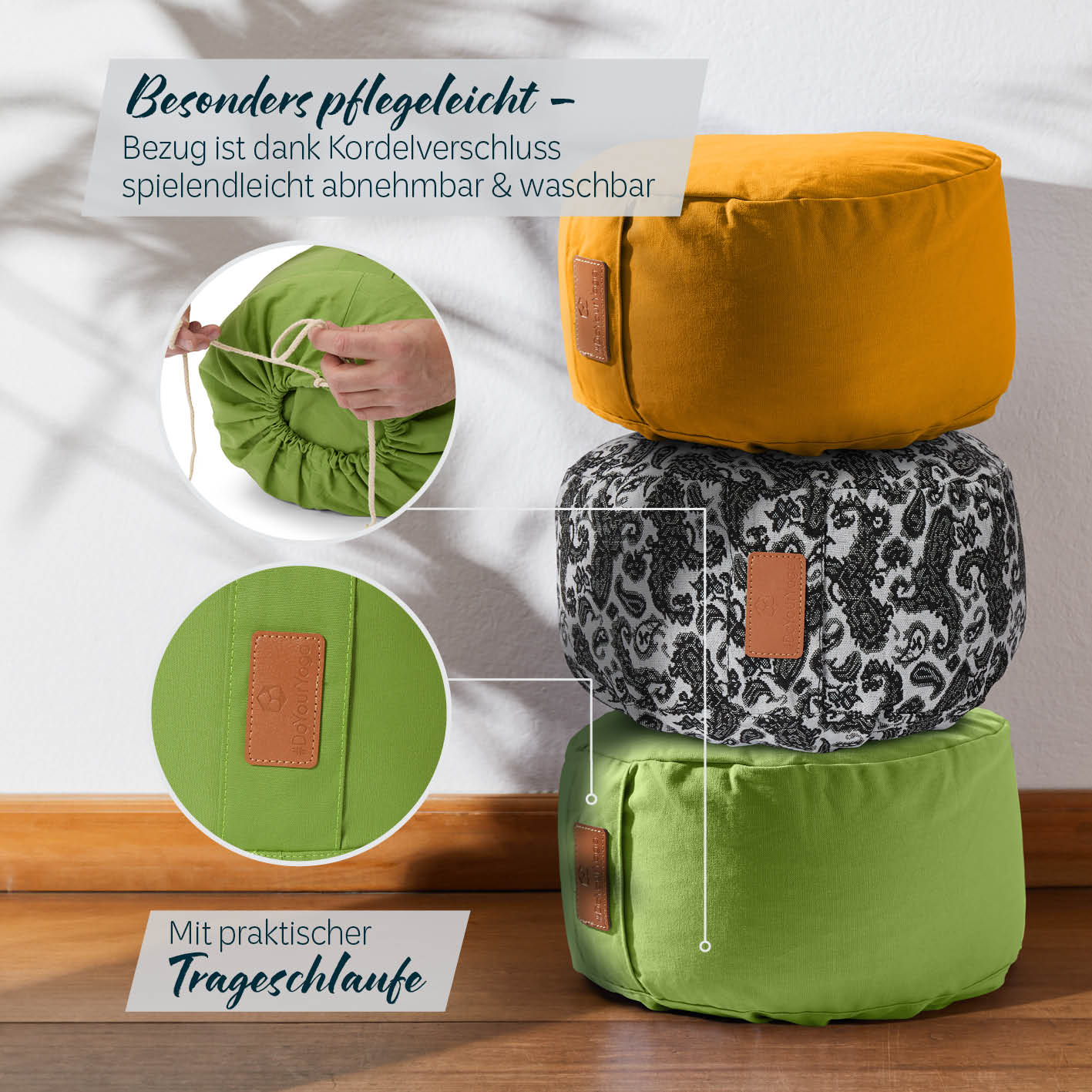 Yoga-Kissen Vishnu in Hellgrün, rund 30x30x15 cm, gefüllt mit Bio-Buchweizenschalen, abnehmbarer, waschbarer Baumwollbezug, pflegeleicht.