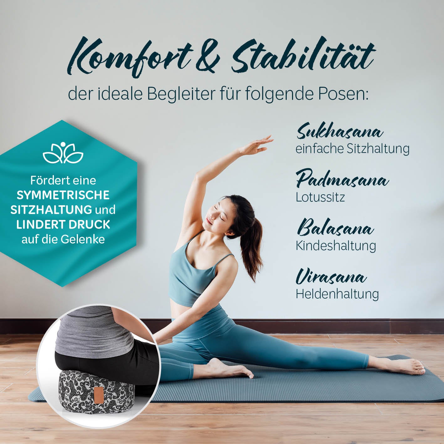 Yoga-Kissen Vishnu rund 30x30x15 cm, gefüllt mit Bio-Buchweizenschalen, für komfortable und stabile Yoga-Positionen, Weiß-Schwarz Style 3.