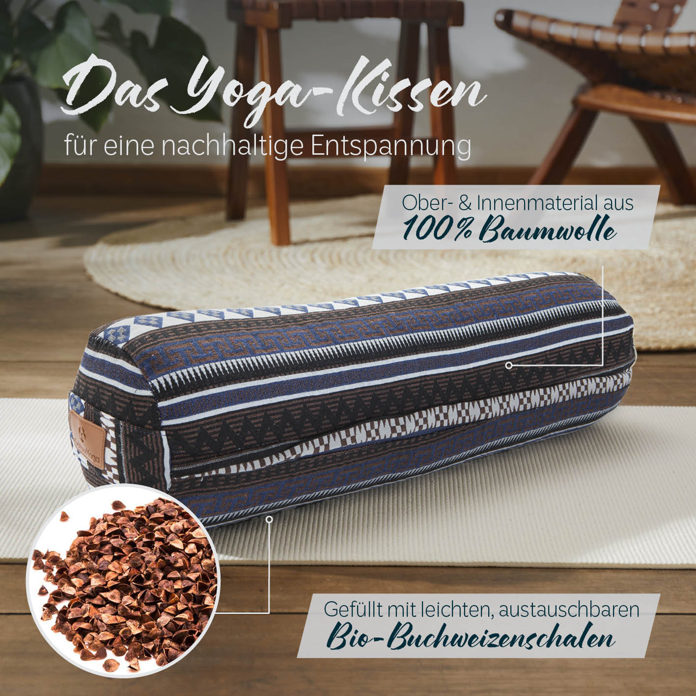 Yoga-Bolster Tarik - gefüllt mit Bio-Buchweizenschalen, 68x22x22 cm, nachhaltiges Meditationskissen aus 100% Baumwolle.