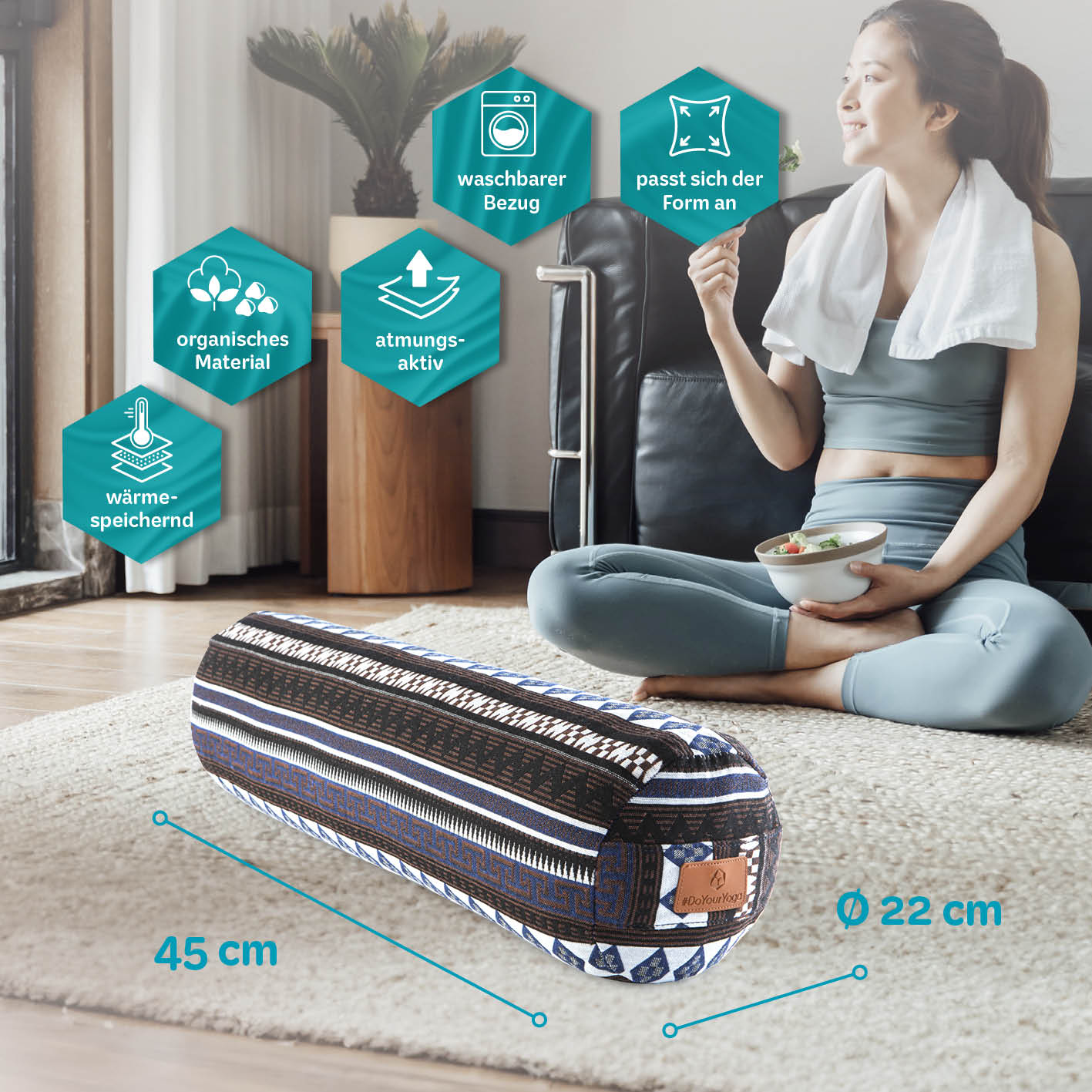 Yoga-Bolster Tarik gefüllt mit Bio-Buchweizenschalen, 68 x 22 x 22 cm, ergonomisch, waschbarer Bezug, atmungsaktiv, organisch, wärmend.