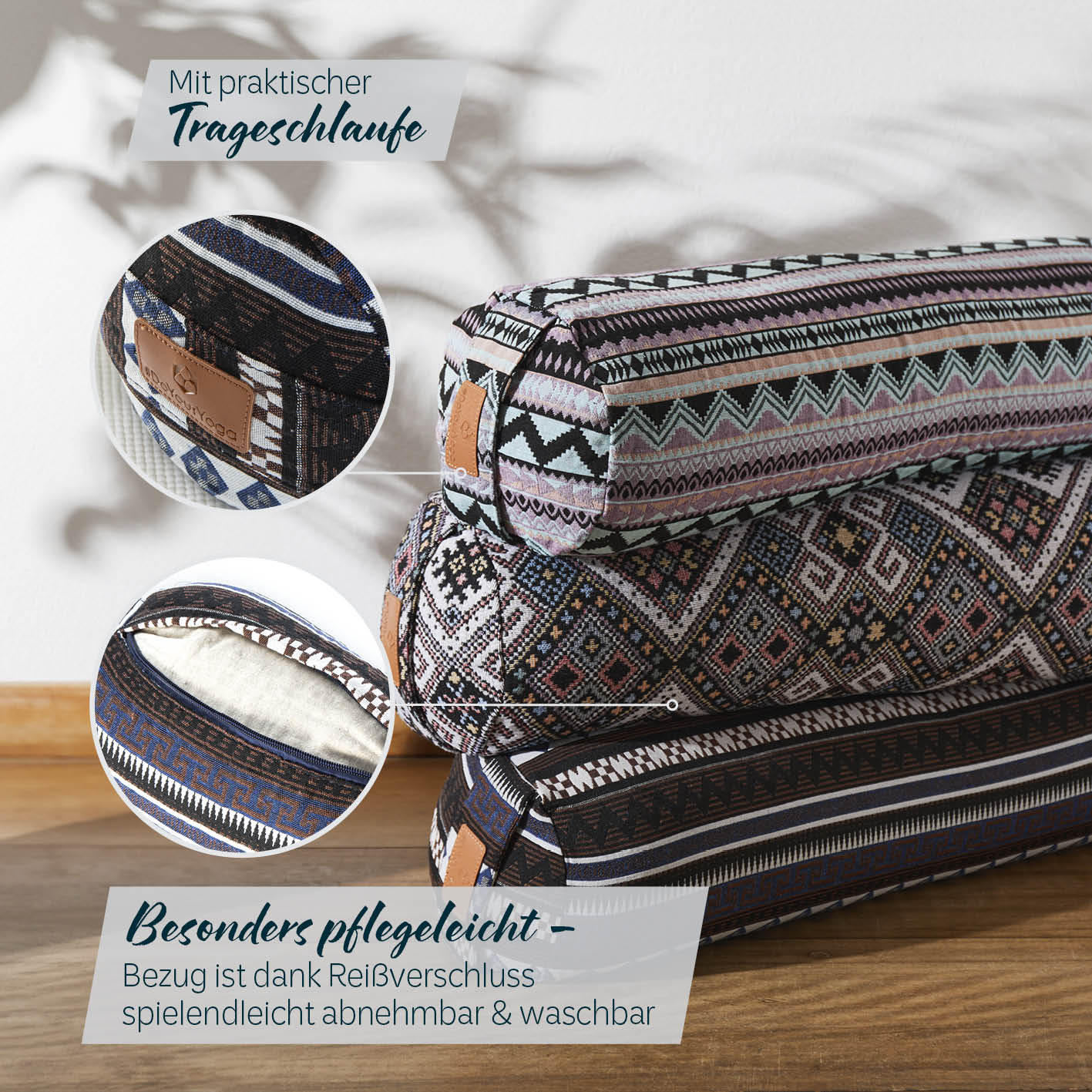 Yoga-Bolster Tarik - gefüllt mit Bio-Buchweizenschalen, 68 x 22 x 22 cm, abnehmbarer und waschbarer Bezug mit praktischer Trageschlaufe.