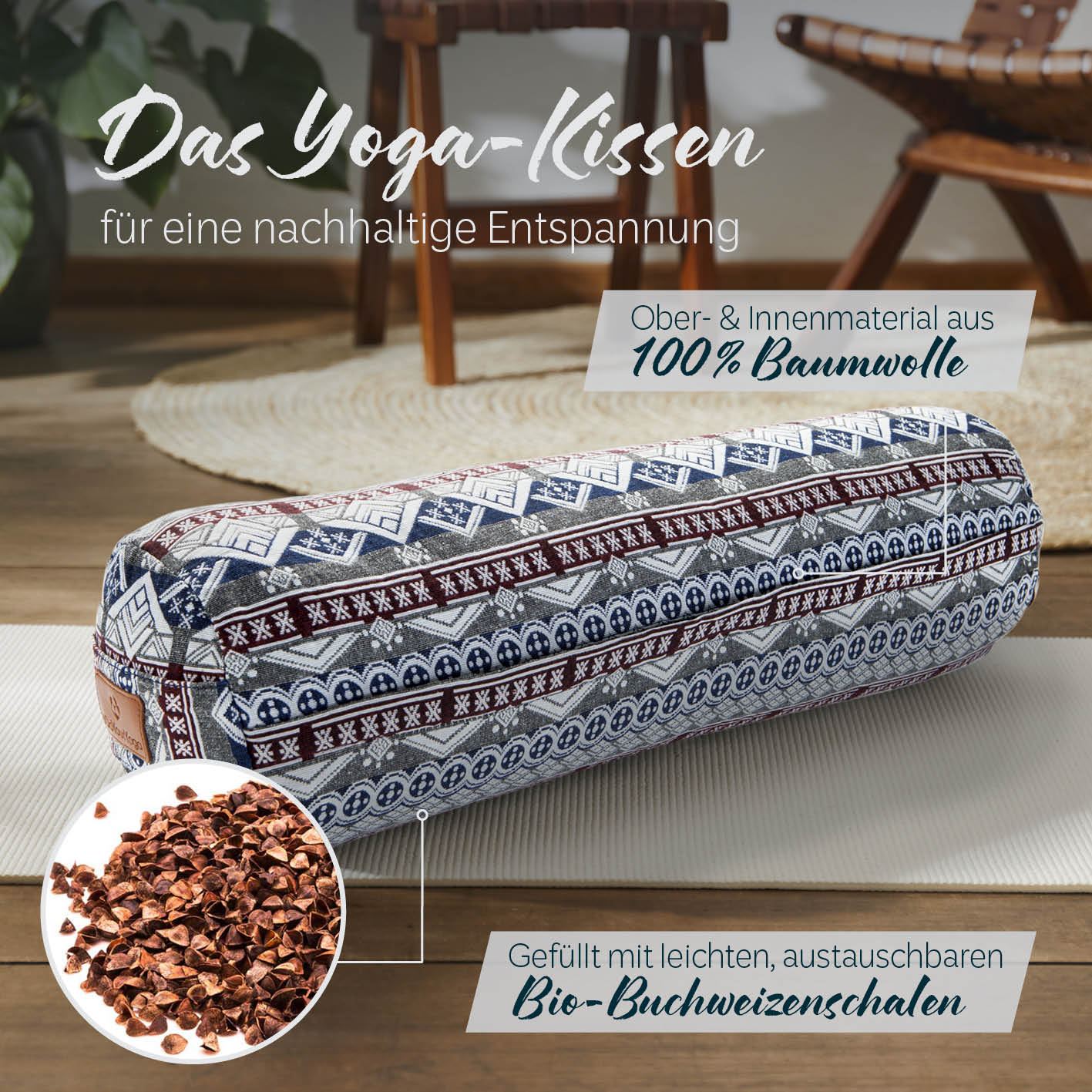 Yoga-Bolster Tarik gefüllt mit Bio-Buchweizenschalen, 68x22x22 cm, nachhaltiges Yogakissen im indischen Design.