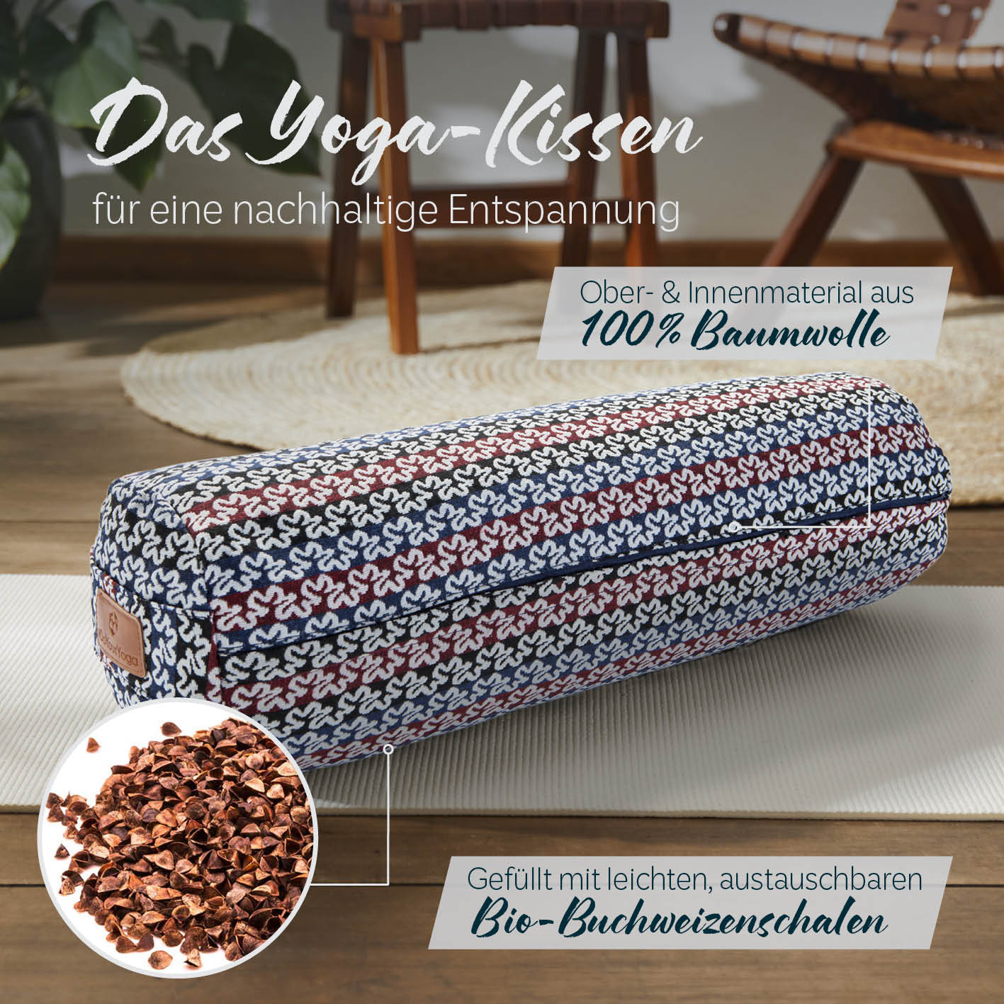 Yoga-Bolster Tarik gefüllt mit Bio-Buchweizenschalen, 68x22x22 cm, nachhaltiges Meditations- und Yogakissen im indischen Design.