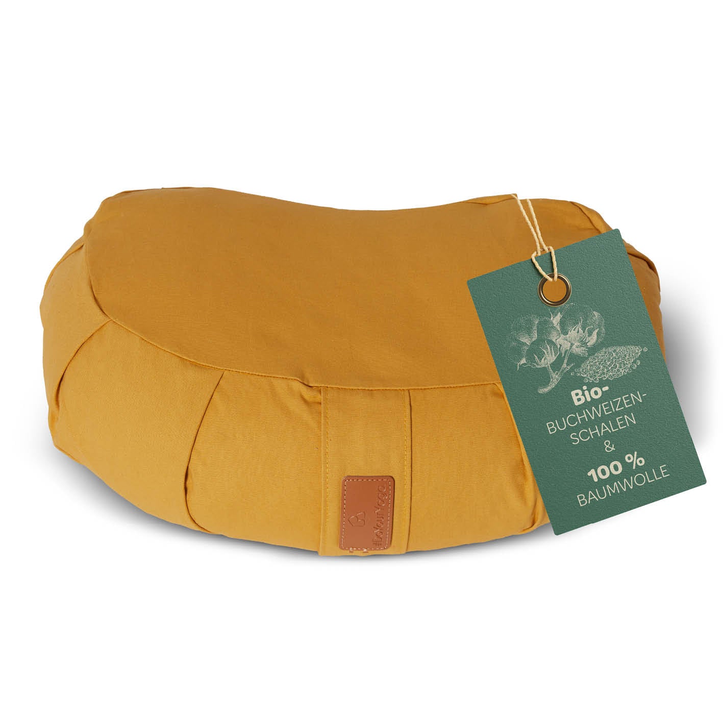 Yoga-Kissen Ganesh Halbmond in Indischgelb, gefüllt mit Bio-Buchweizenschalen, Bezug 100% Baumwolle, 45 x 30 x 14 cm.