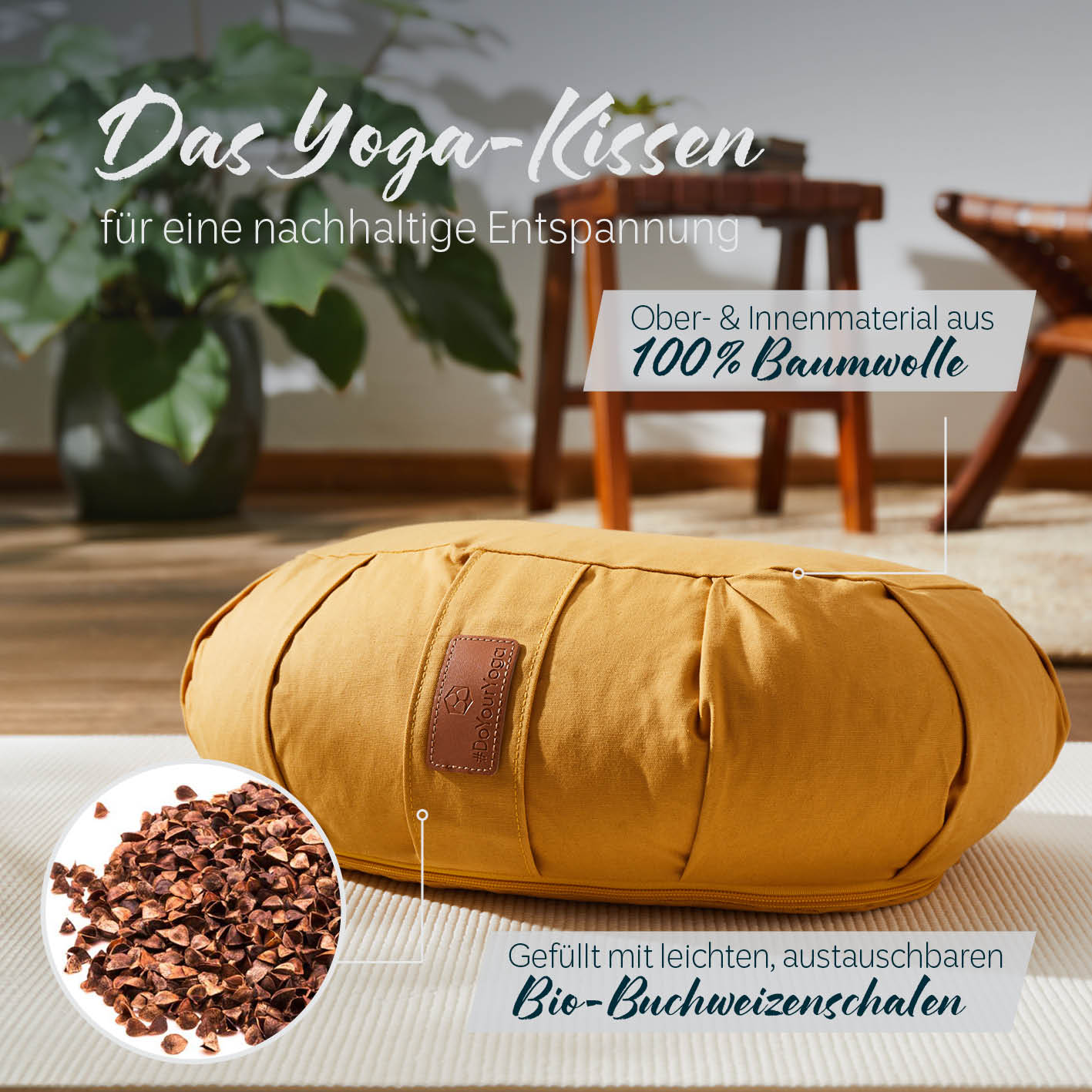 Yoga-Kissen Ganesh in Indischgelb gefüllt mit Bio-Buchweizenschalen für nachhaltige Entspannung und optimale Meditationshaltung.