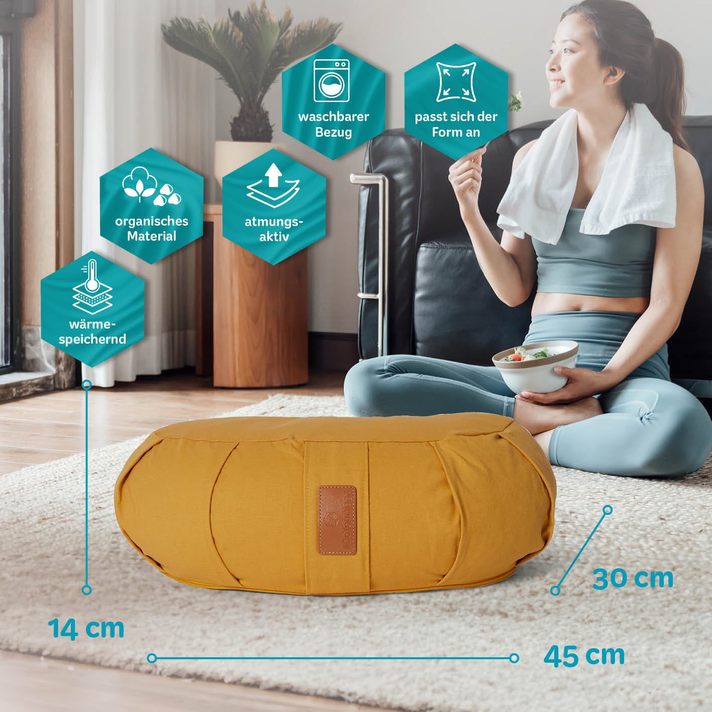 Yoga-Kissen Ganesh Halbmond 45x30x14 cm Indischgelb mit Bio-Buchweizenschalen, atmungsaktiv und waschbarer Bezug aus 100% Baumwolle.