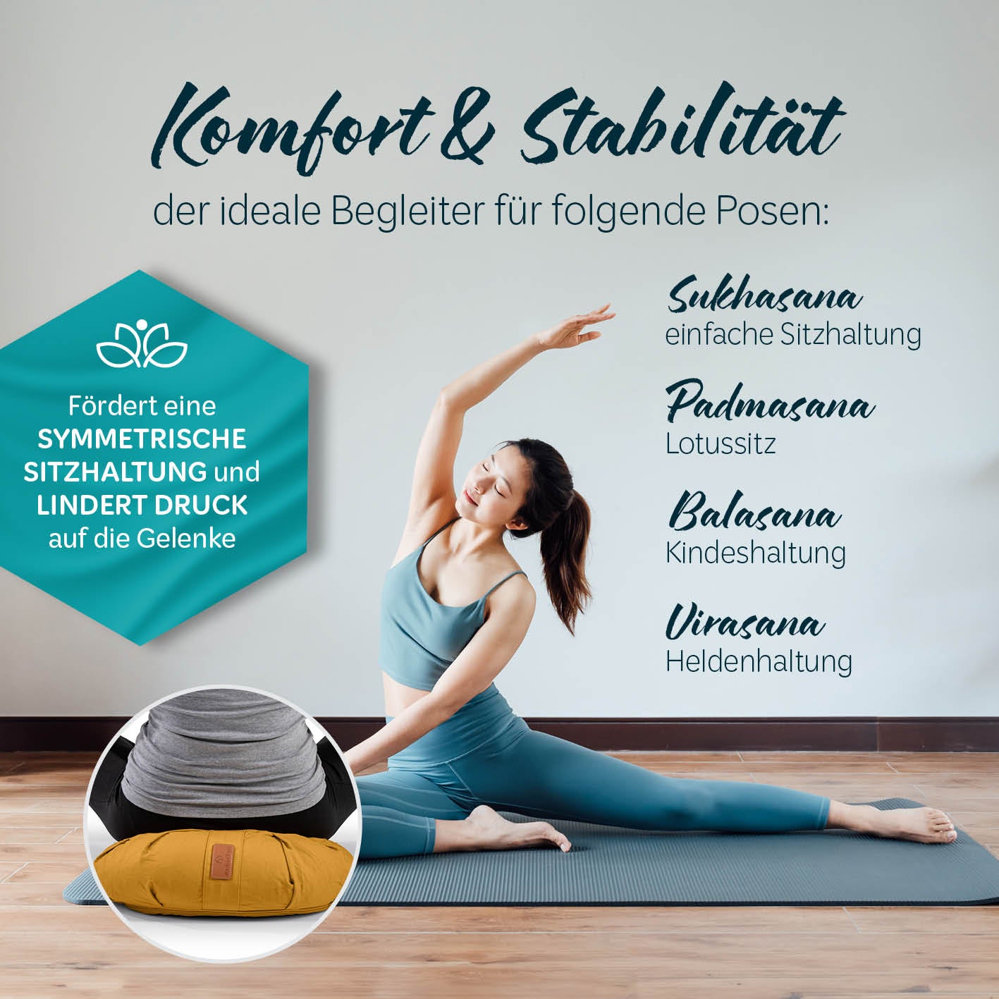 Yoga-Kissen Ganesh Halbmond in Indischgelb mit Bio-Buchweizenschalen, ideal für angenehme Meditation und stabile Sitzhaltungen.