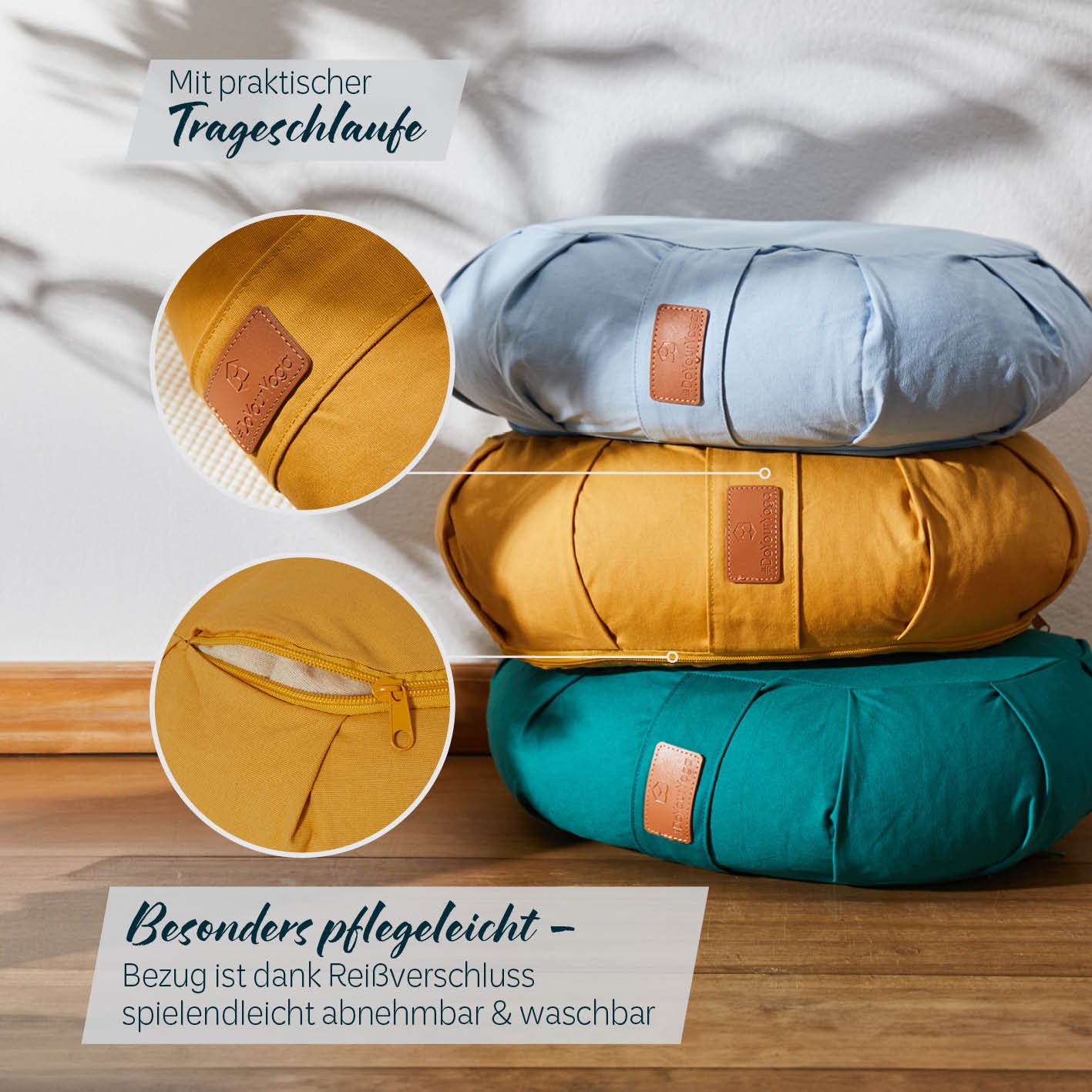 Yoga-Kissen Ganesh in Indischgelb mit praktischem Tragegriff und abnehmbarem, waschbarem Bezug aus Bio-Baumwolle und Buchweizenschalenfüllung.