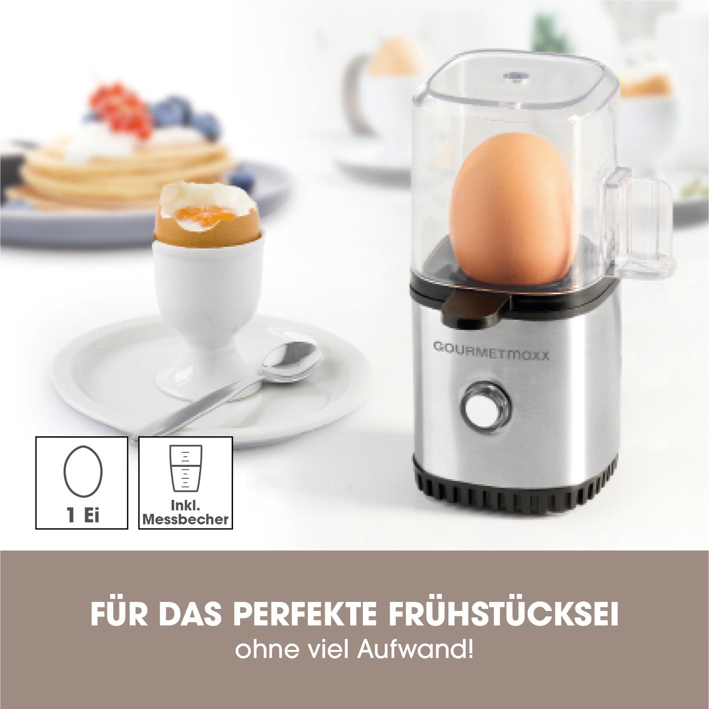 Design-Eierkocher 1 Ei - Edelstahl kompakt mit Messbecher für perfekte Eier ohne Herd, ideal für kleine Haushalte und Unterwegs.