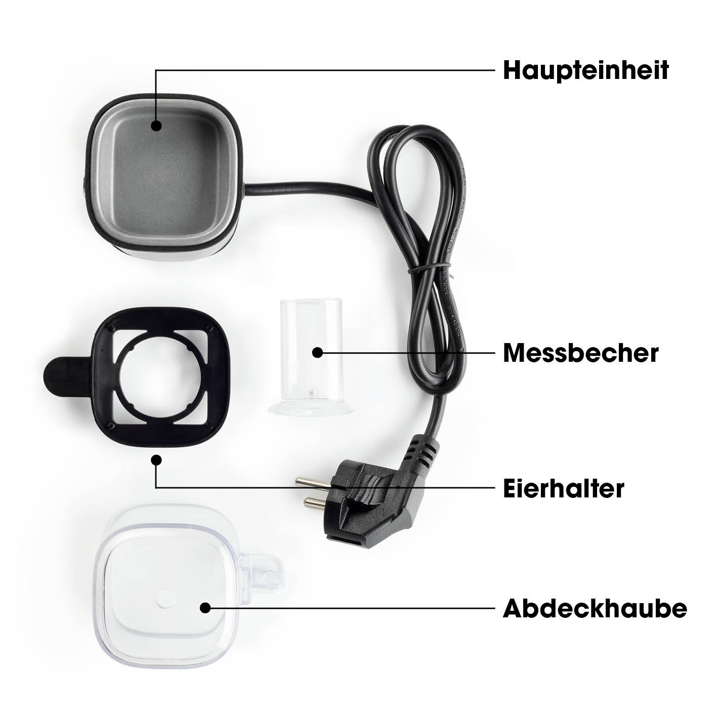 Design-Eierkocher 1 Ei - Edelstahl mit Messbecher, Eierhalter, Abdeckhaube und Haupteinheit für perfekte Eierzubereitung.