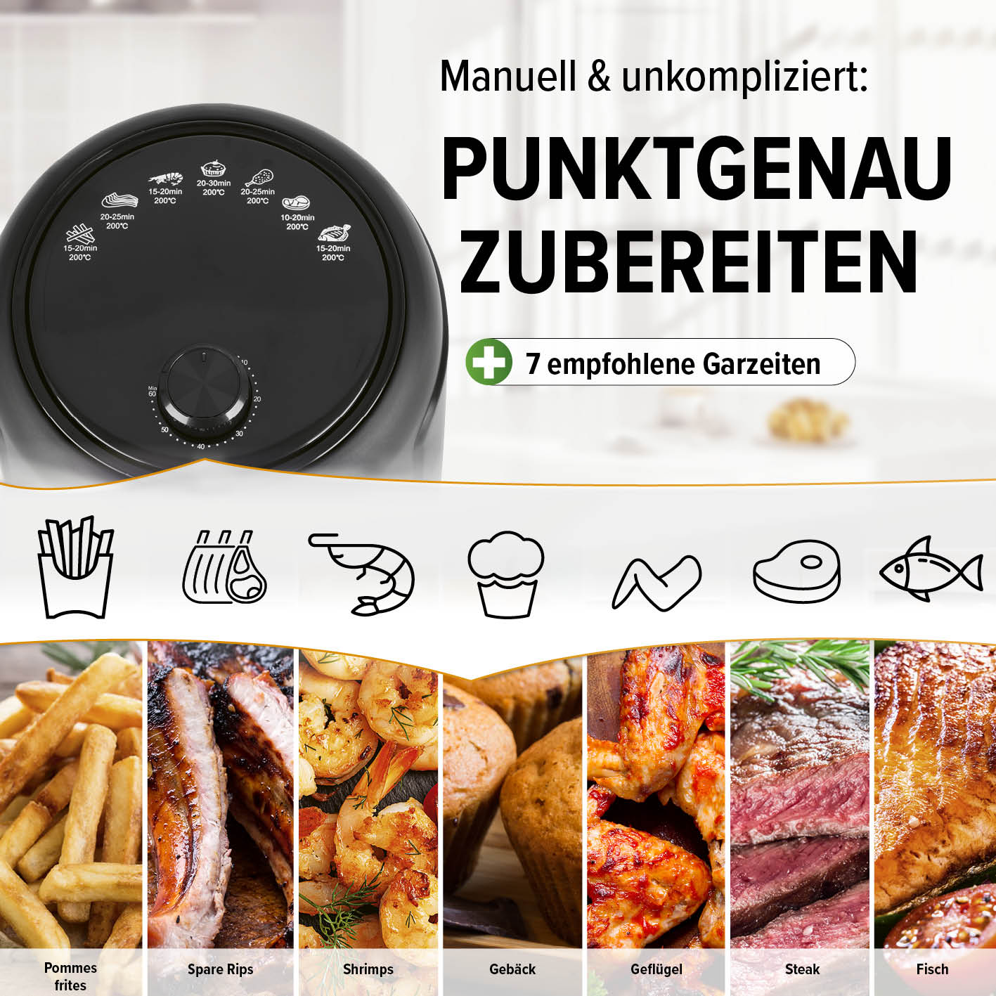 Heißluftfritteuse 2,3l mit 7 Garzeiten für Pommes, Spare Ribs, Shrimps, Gebäck, Geflügel, Steak und Fisch, 360° Rapid Air Technology.