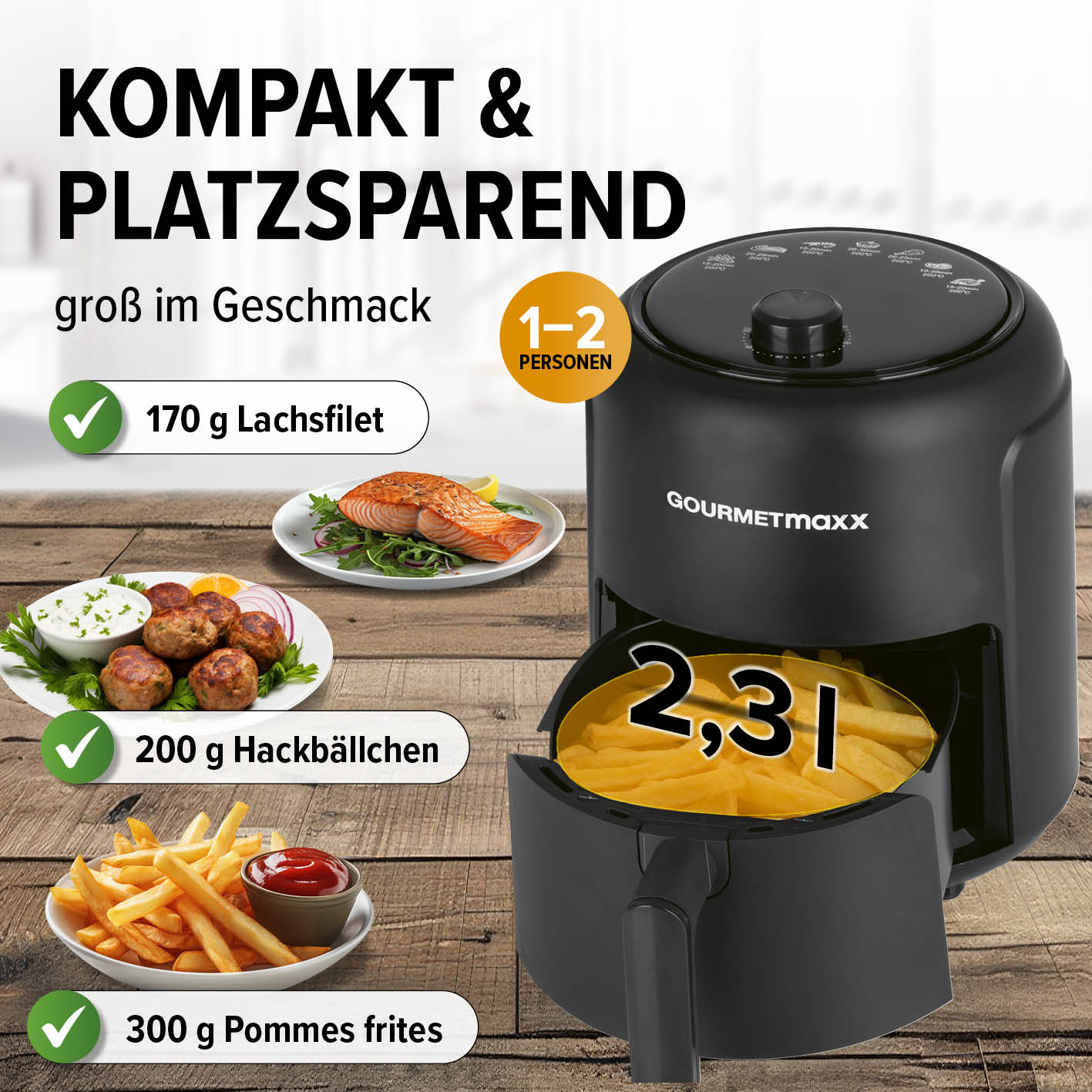 Heißluftfritteuse 2,3l mit 360° Rapid Air Technologie, 9 Funktionen, kompakt für 1–2 Personen, fettarmes Frittieren und schnelleres Garen.