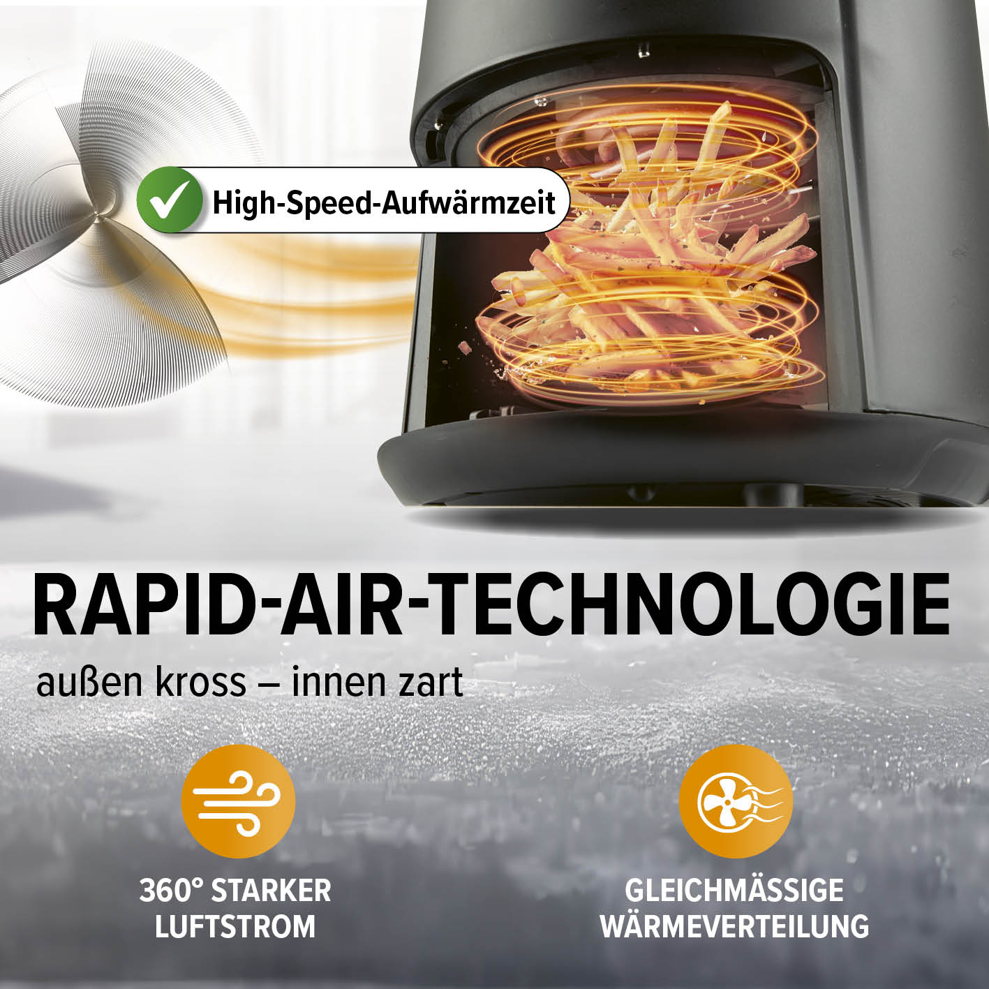 Heißluftfritteuse 2,3l mit 360° Rapid Air Technologie für fettarmes Frittieren und gleichmäßige Wärmeverteilung.