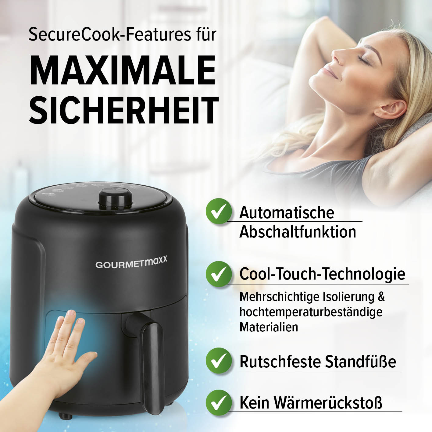 Heißluftfritteuse 2,3l mit SecureCook-Features wie Abschaltautomatik, Cool-Touch-Technologie und rutschfesten Standfüßen für maximale Sicherheit.